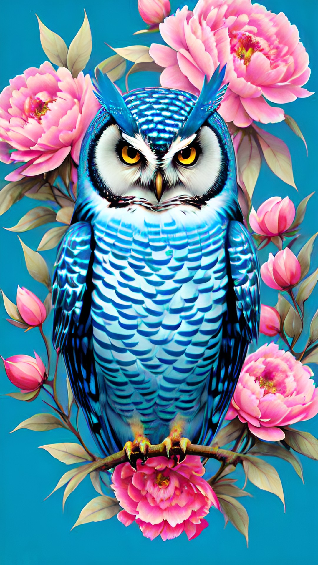 owls, light blue background , pink flowers on background, peony, realistic preview