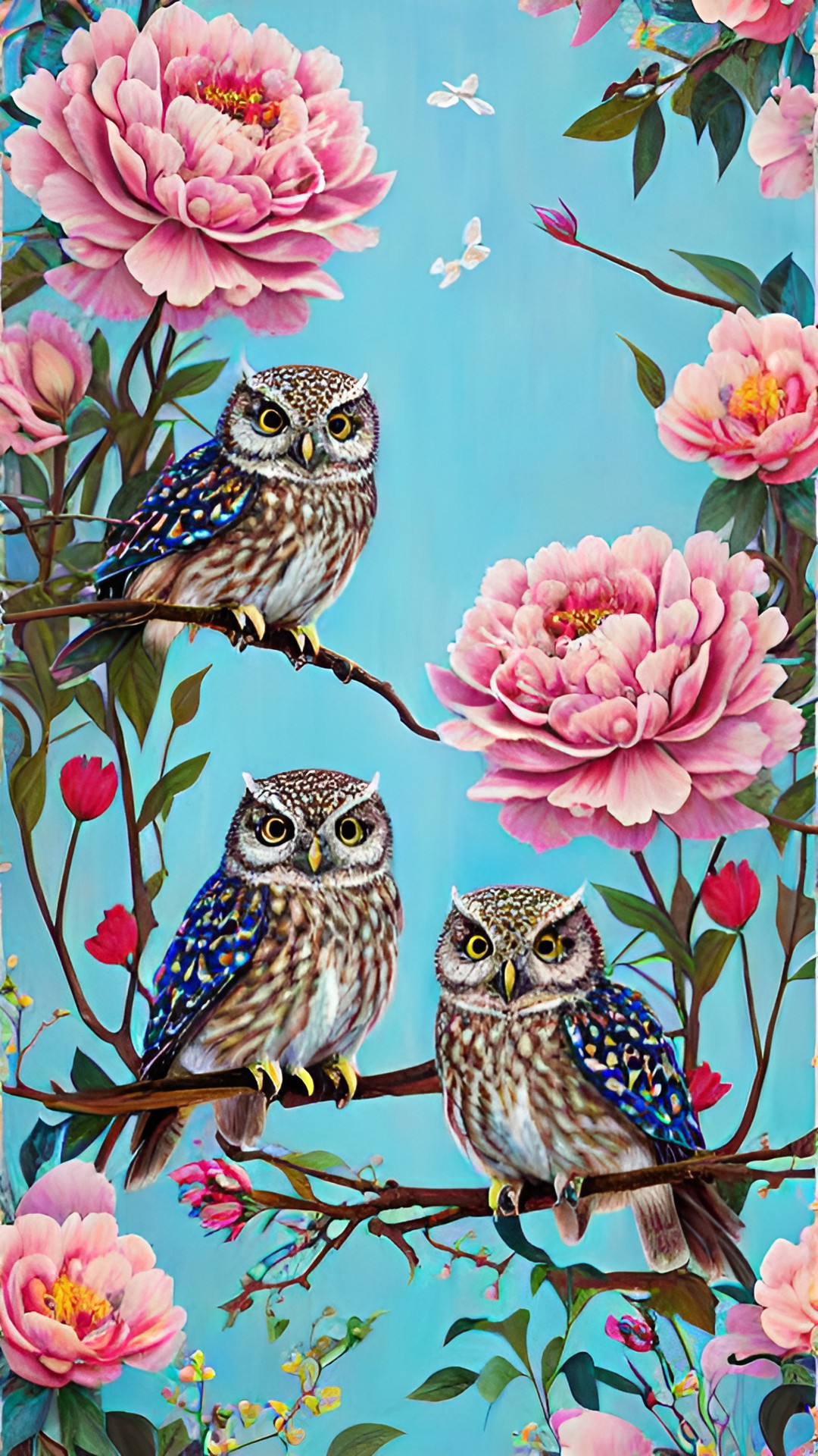 many little owls, flying, light blue background , bordo flowers on background, peony, print preview