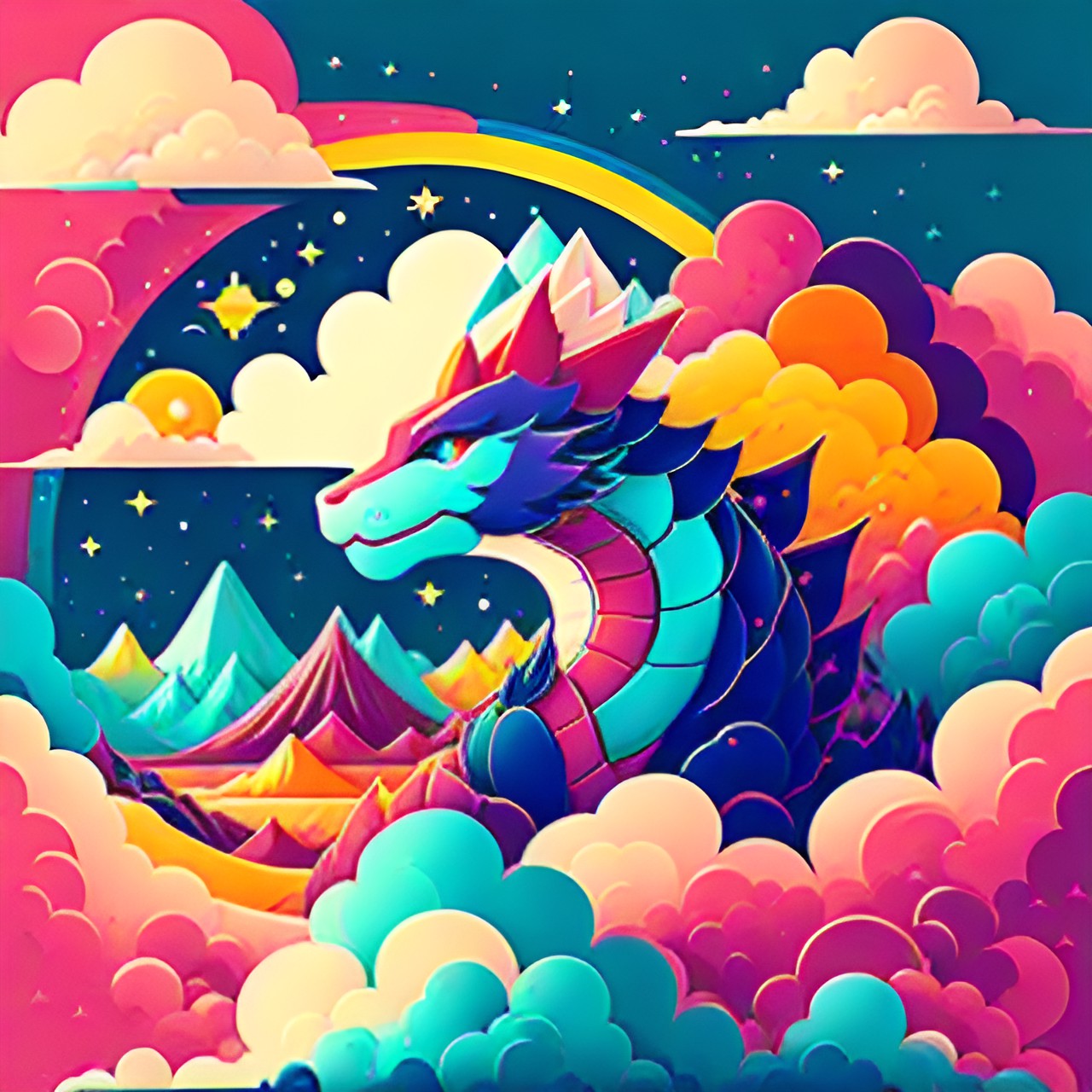 Dragon - mystic dragon in the sky with colourful clouds preview