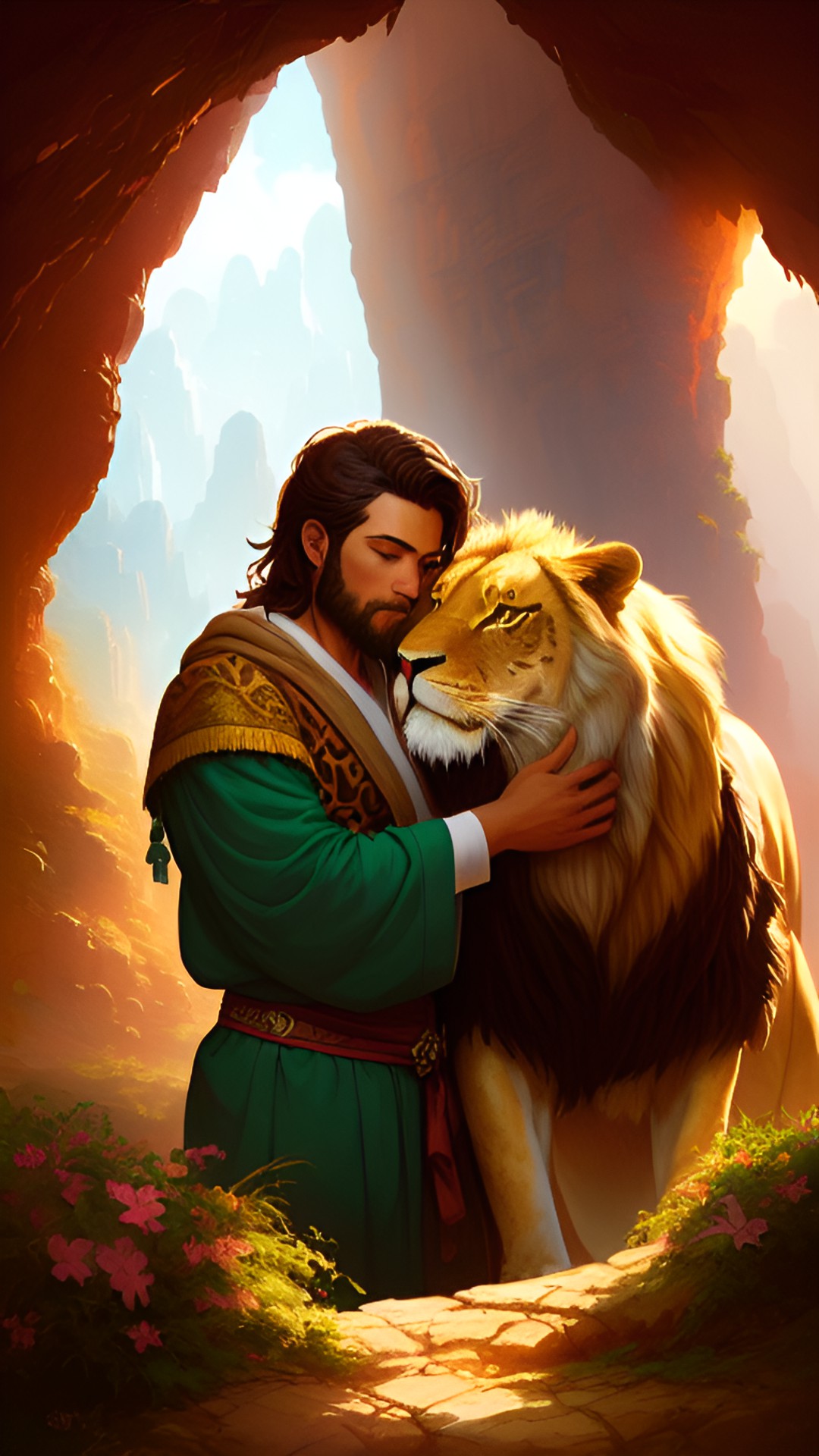 Daniel in Lions Den - man wearing robes hugging a lion inside of a cave preview