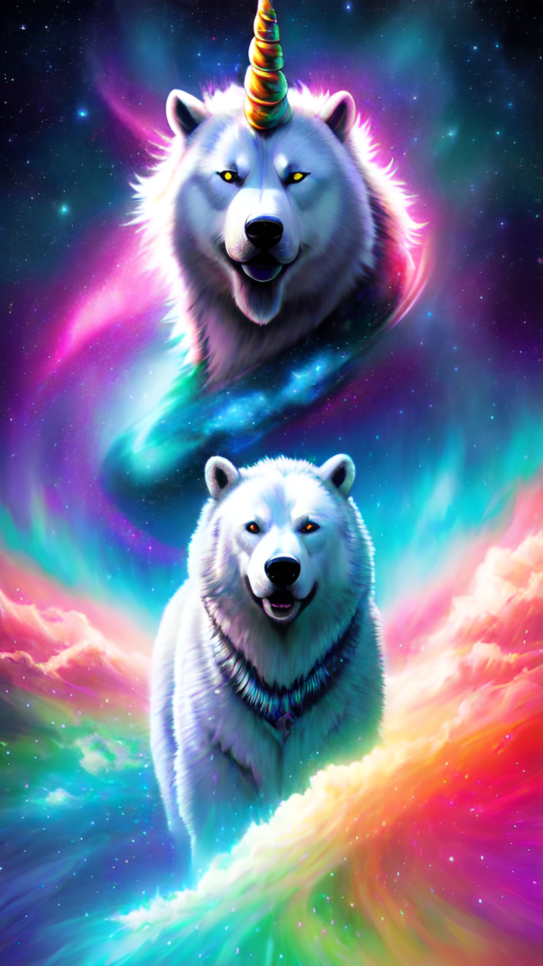 husky, unicorn, polar, bear, pink, turquoise, native american, neon, northern lights, stars preview