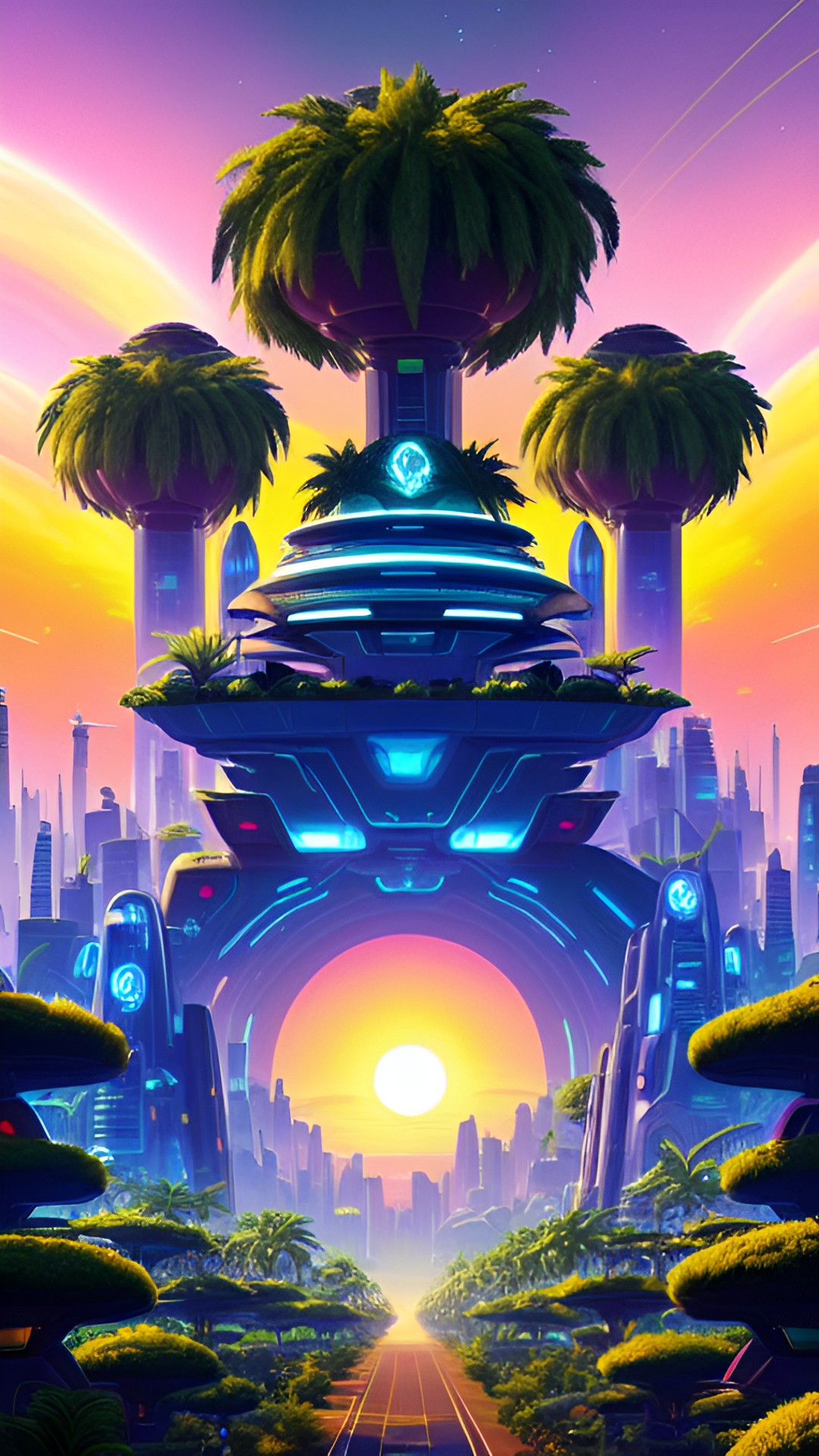 Exotic Alien City - futuristic alien city with exotic trees, & plants. galactic magical sky. very happy upbeat underworld realm. dancing vibes. sunset near night settings preview