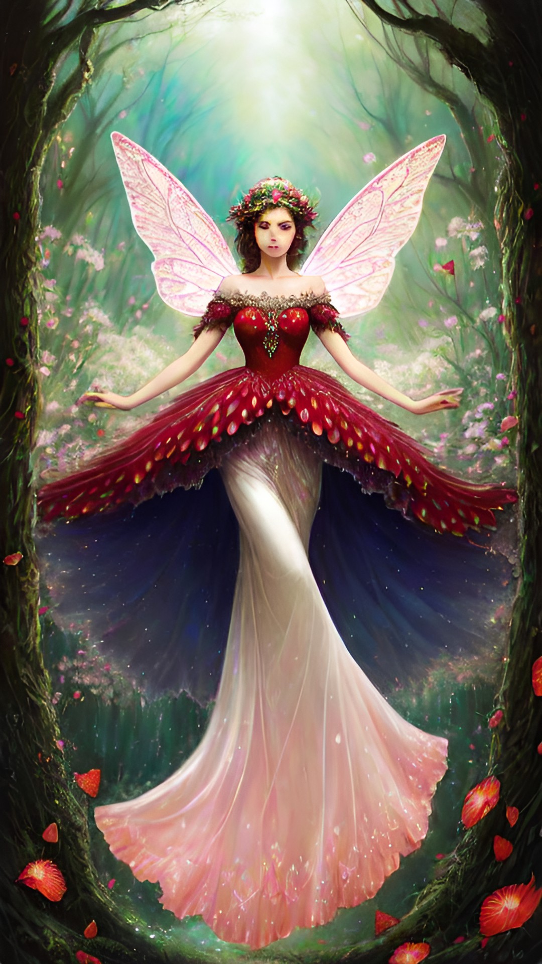 elegant strawberry fairy - an elegant strawberry fairy gracefully dancing in a magical woodland, her shimmering wings adorned with delicate petals and her flowing gown glistening with dewdrops preview