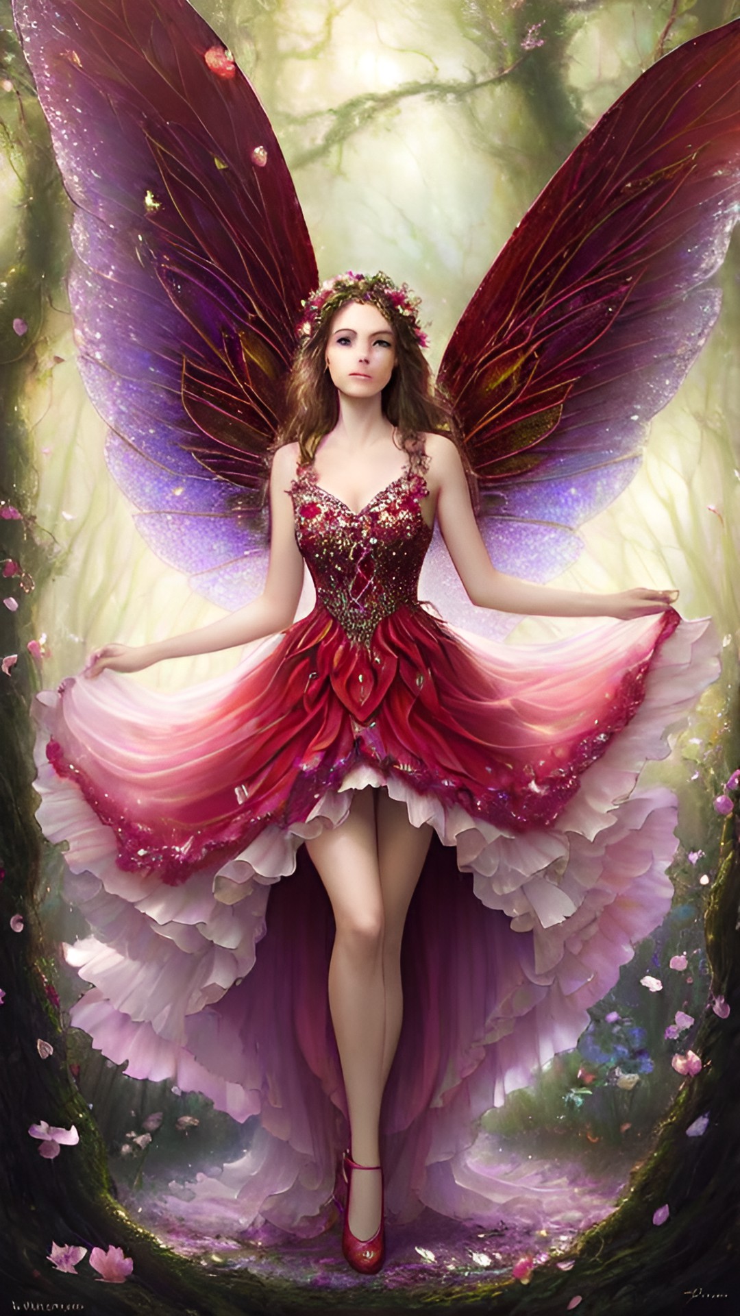 elegant strawberry fairy - an elegant strawberry fairy gracefully dancing in a magical woodland, her shimmering wings adorned with delicate petals and her flowing gown glistening with dewdrops preview