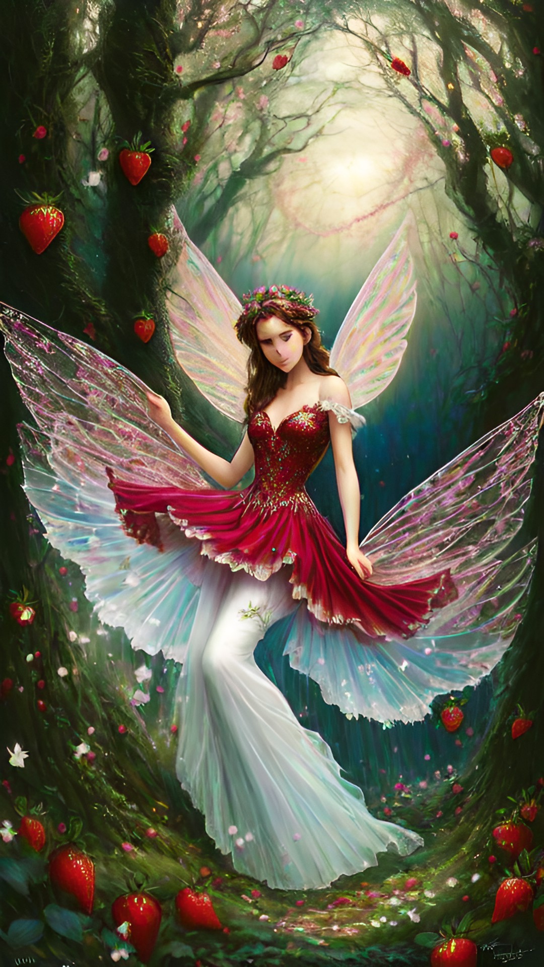 elegant strawberry fairy - an elegant strawberry fairy gracefully dancing in a magical woodland, her shimmering wings adorned with delicate petals and her flowing gown glistening with dewdrops preview