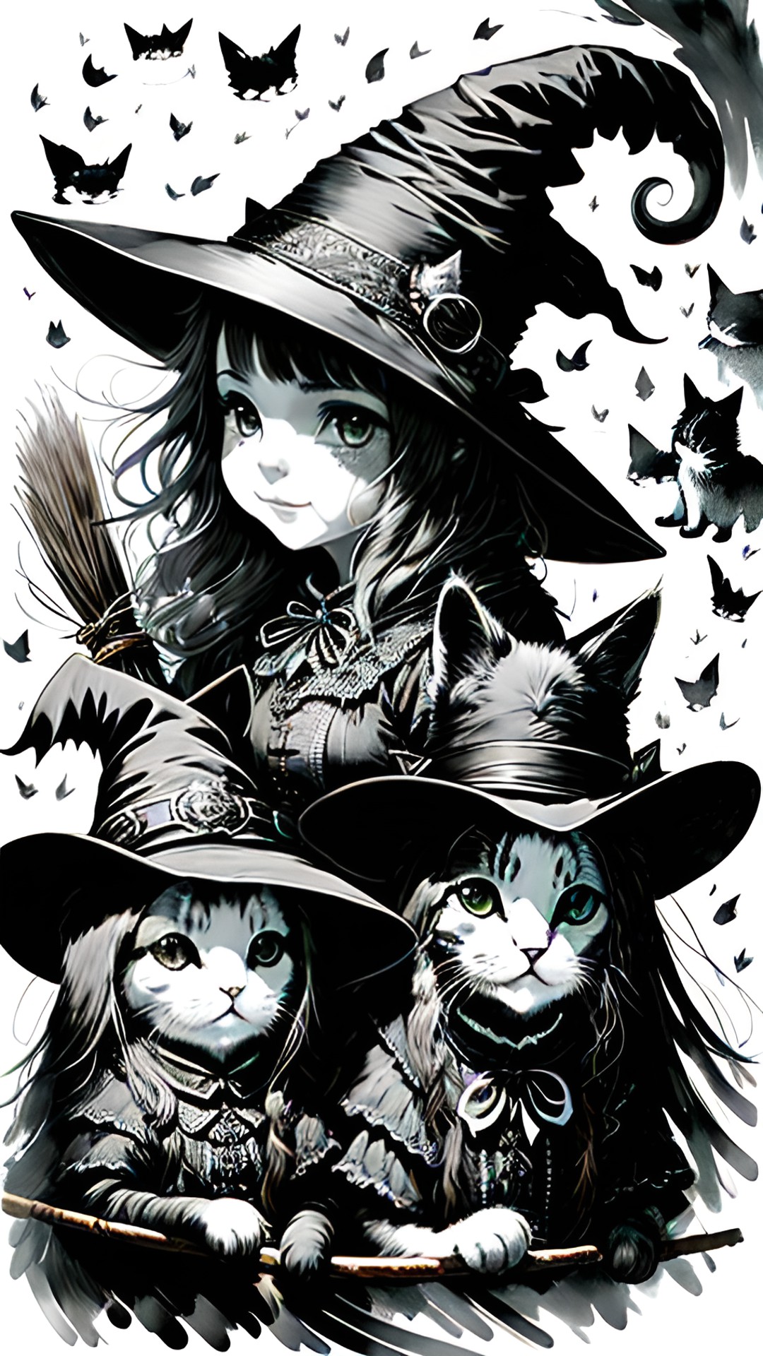 my kitty cat with my witch friend - my kitty cat and my witch friend, sitting together on a broomstick. they're both wearing pointy hats and have mischievous smiles. preview