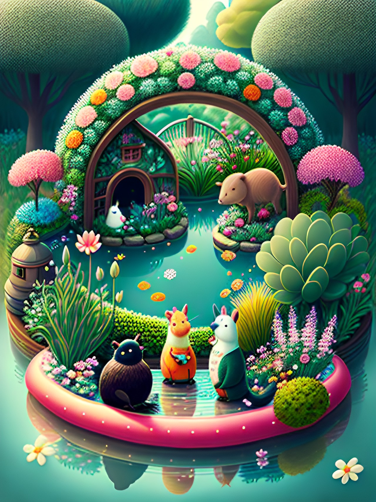 a whimsical garden filled with talking animals and floating flowers. preview