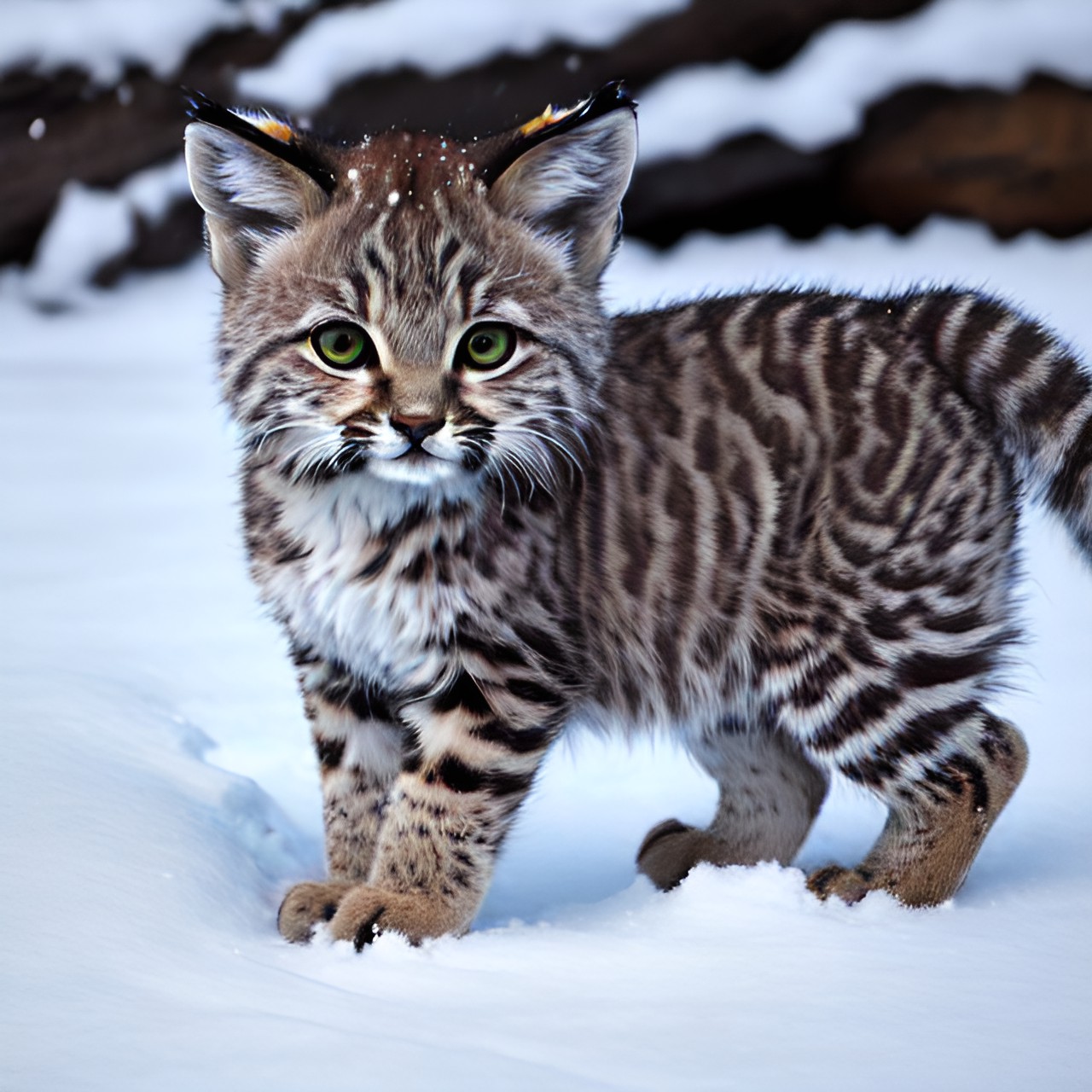 a little baby bobcat playing in the snow - a small bobcat cub joyfully frolicking in a snowy landscape, paw prints adorning the fresh white canvas, capturing a heartwarming moment of pure innocence preview