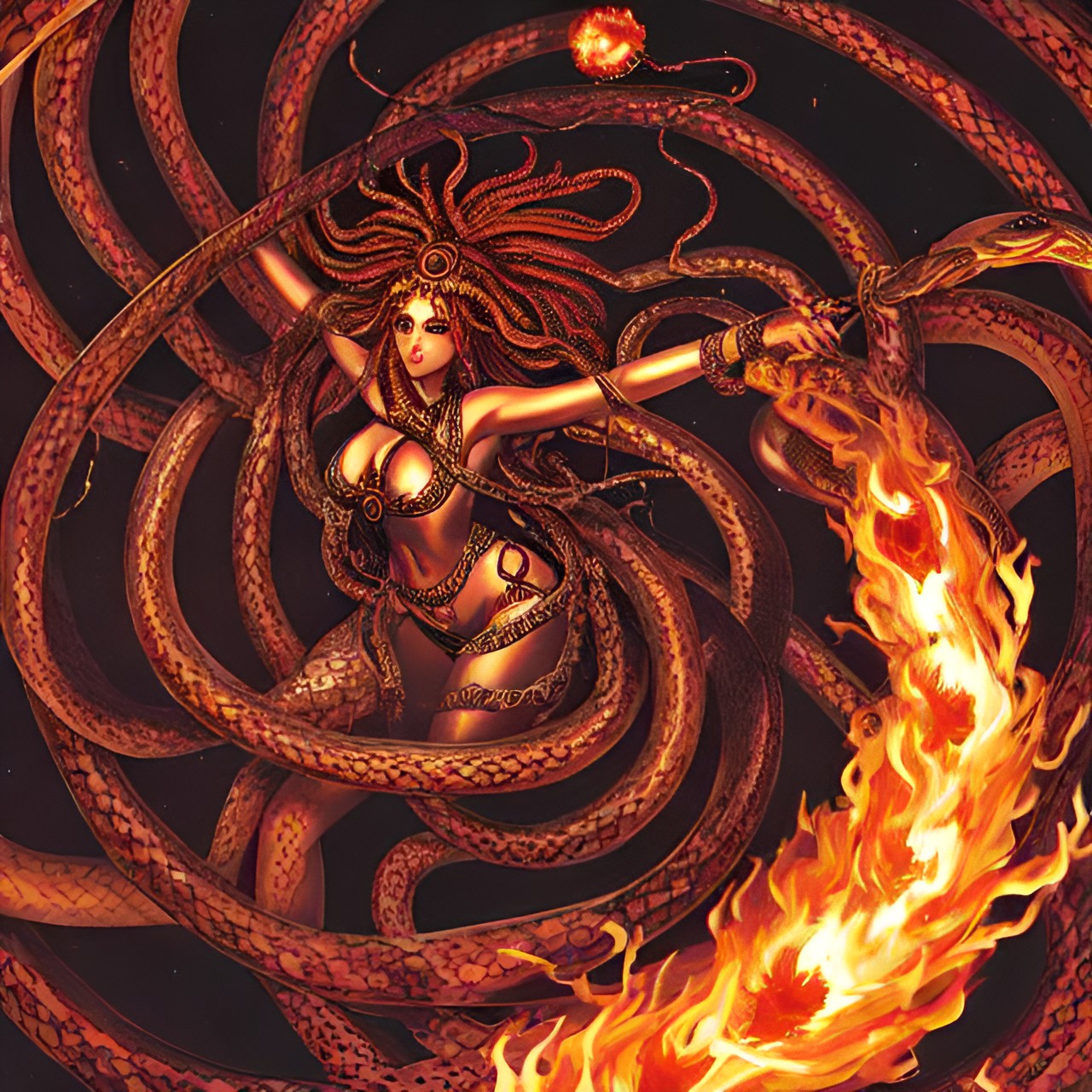 médusa with snake and fireball - a fierce and mesmerizing médusa with long, writhing snakes for hair, and a powerful fireball floating in her hand, ready to unleash its fiery wrath." preview