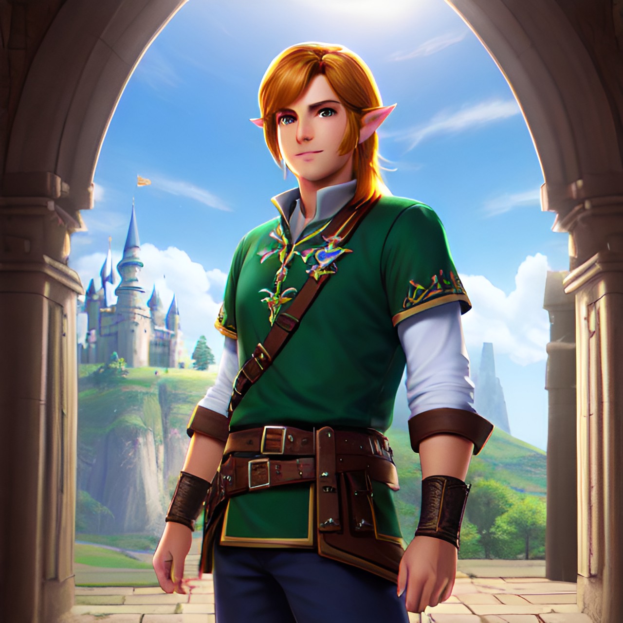 Link From Zelda - (extremely detailed vfx v2 cg unity 8k wallpaper)full body portrait, happy handsome male link from zelda, in a castle, majestic octane render reflection preview