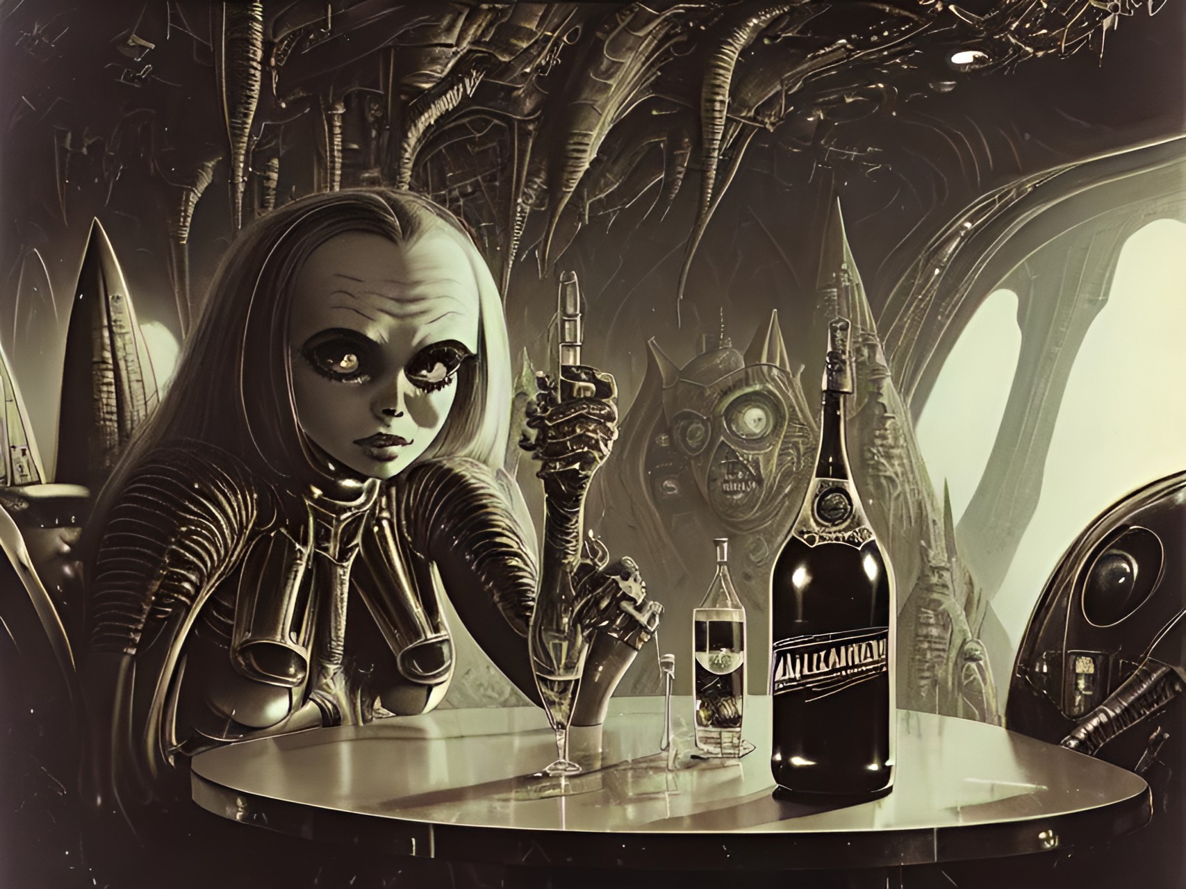 space adventurers drink alienjuice on spaceship tavern , close up$(colors:.9)$by hr.giger,35 mm preview