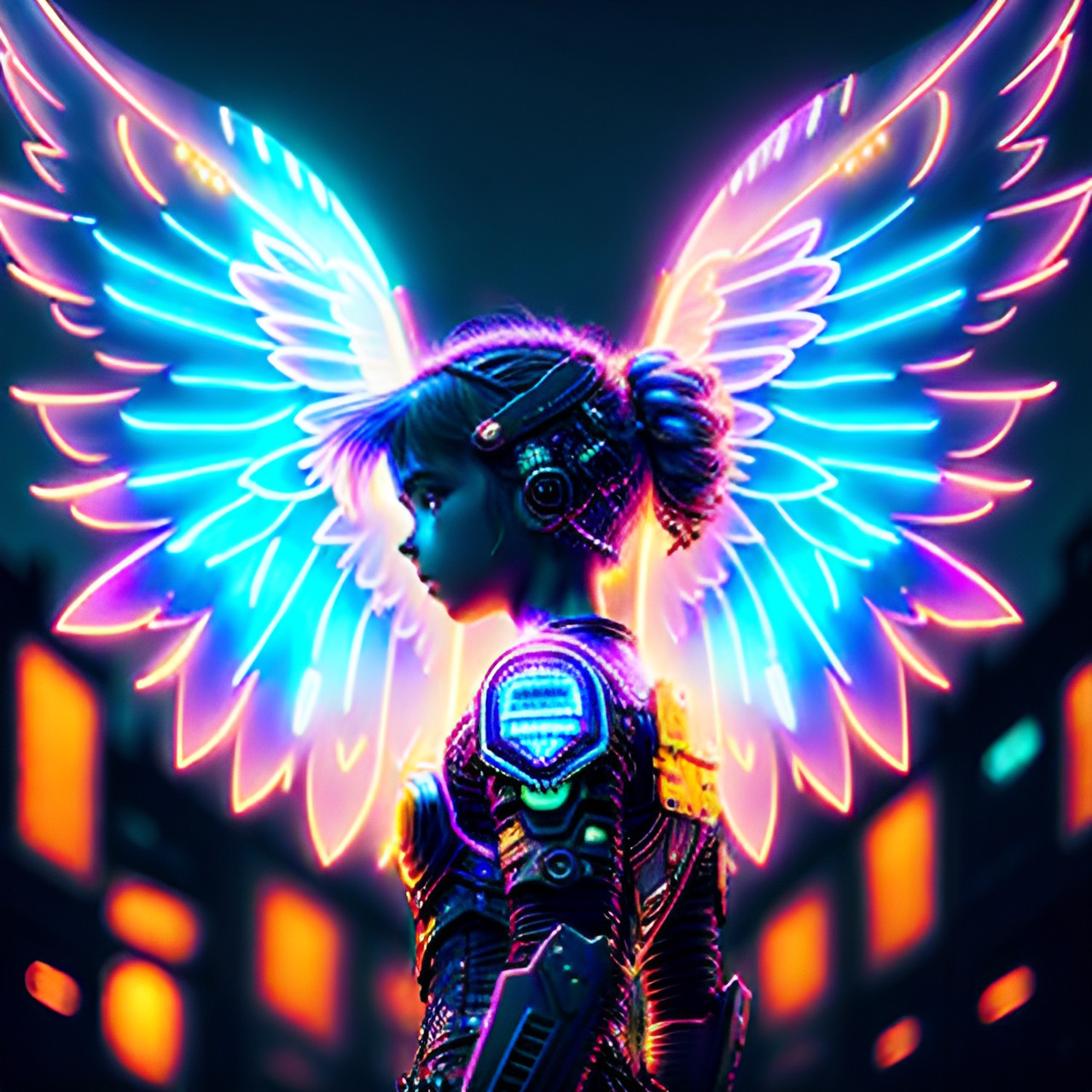 cyberpunk large angel wings, glowing neon lights, battle tech, electronics & wires, hologram, 8k, extreme intricate detail, hyperreal, excellent composition, sharp focus, city background preview