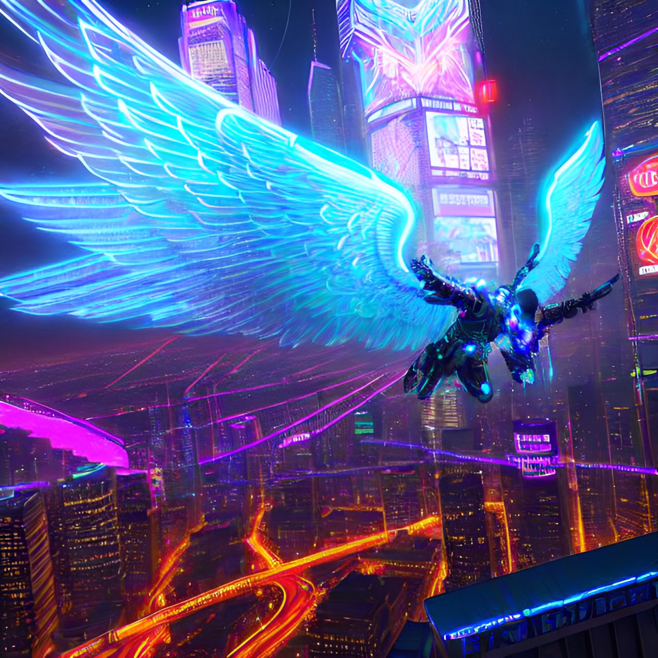 cyberpunk large angel wings, glowing neon lights, battle tech, electronics & wires, hologram, 8k, extreme intricate detail, hyperreal, excellent composition, sharp focus, city background preview