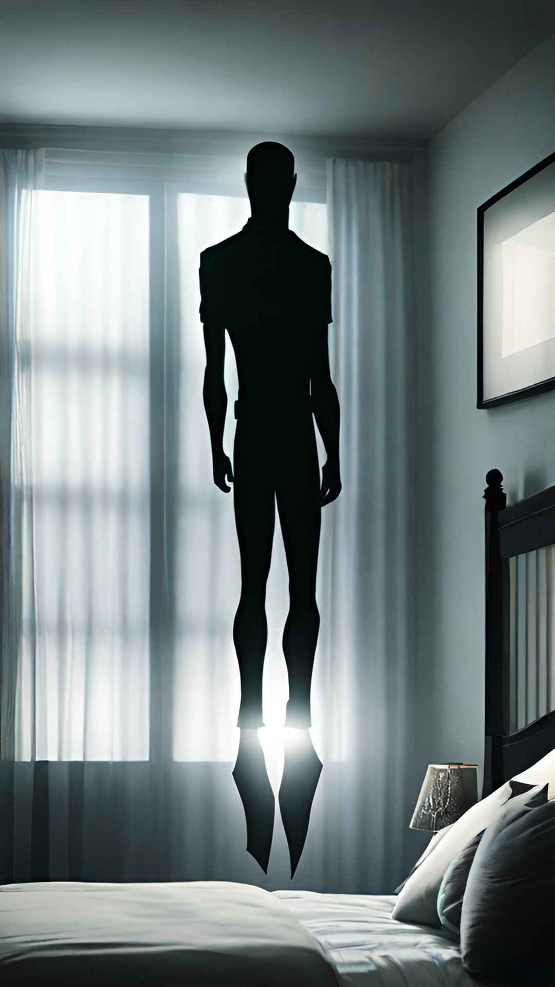 dark bedroom alien abduction scene: man floating over his bed in a beam of light. grey aliens stand menacingly around the bedroom staring silently at him. preview