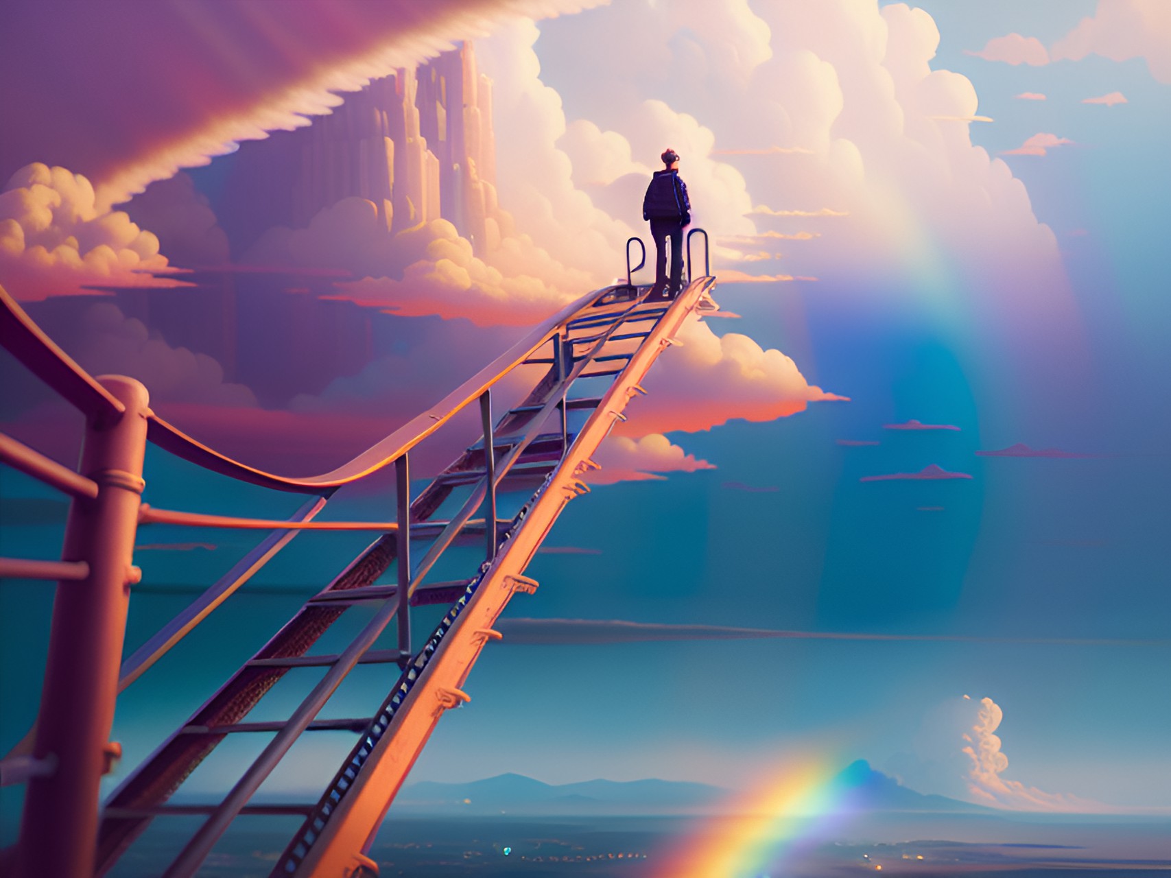 explorer - rainbow, road, ladder, city, sky, clouds preview