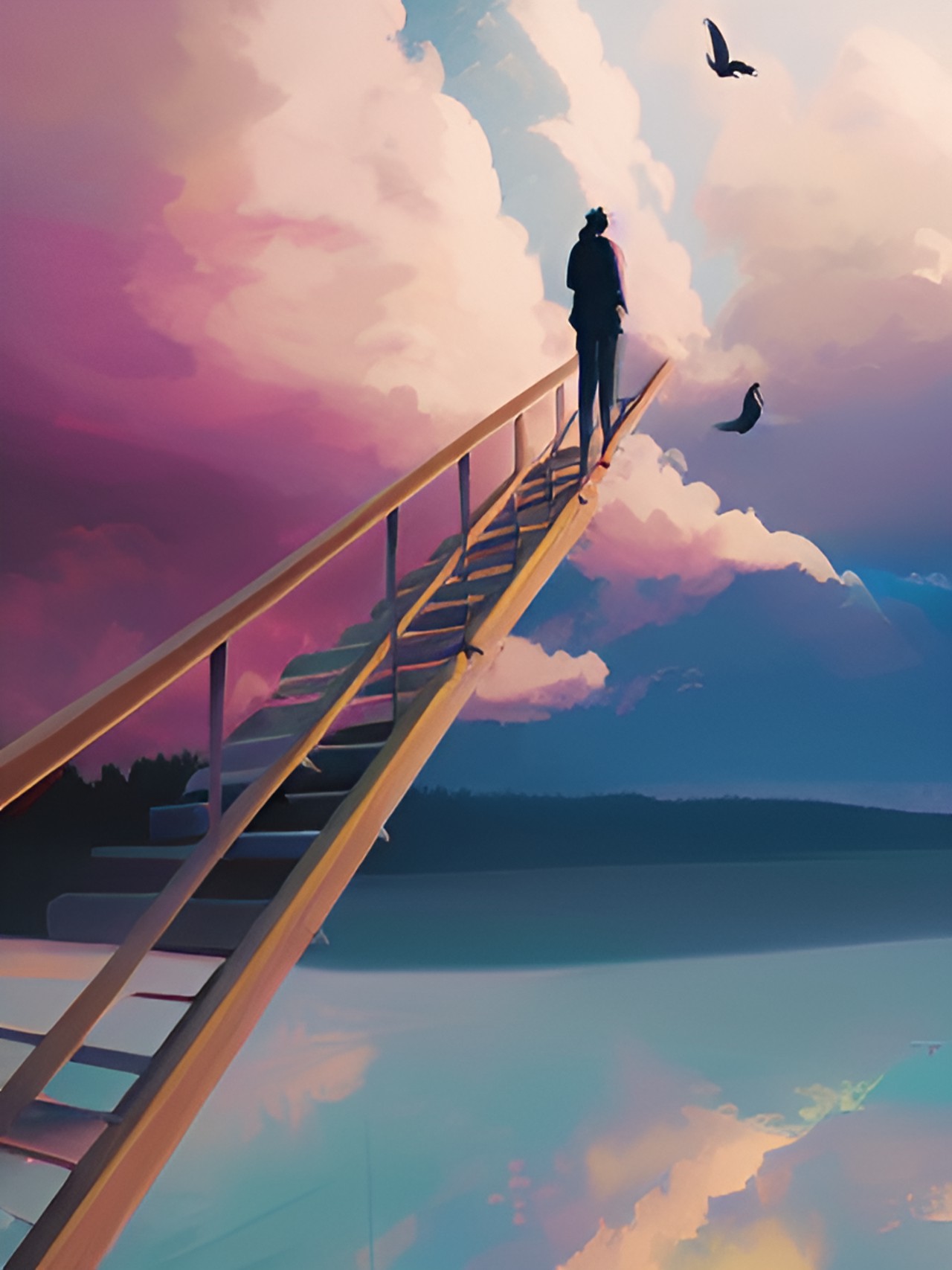 fresh air - stairway, sky, rainbow, clouds, birds, human, skyline preview