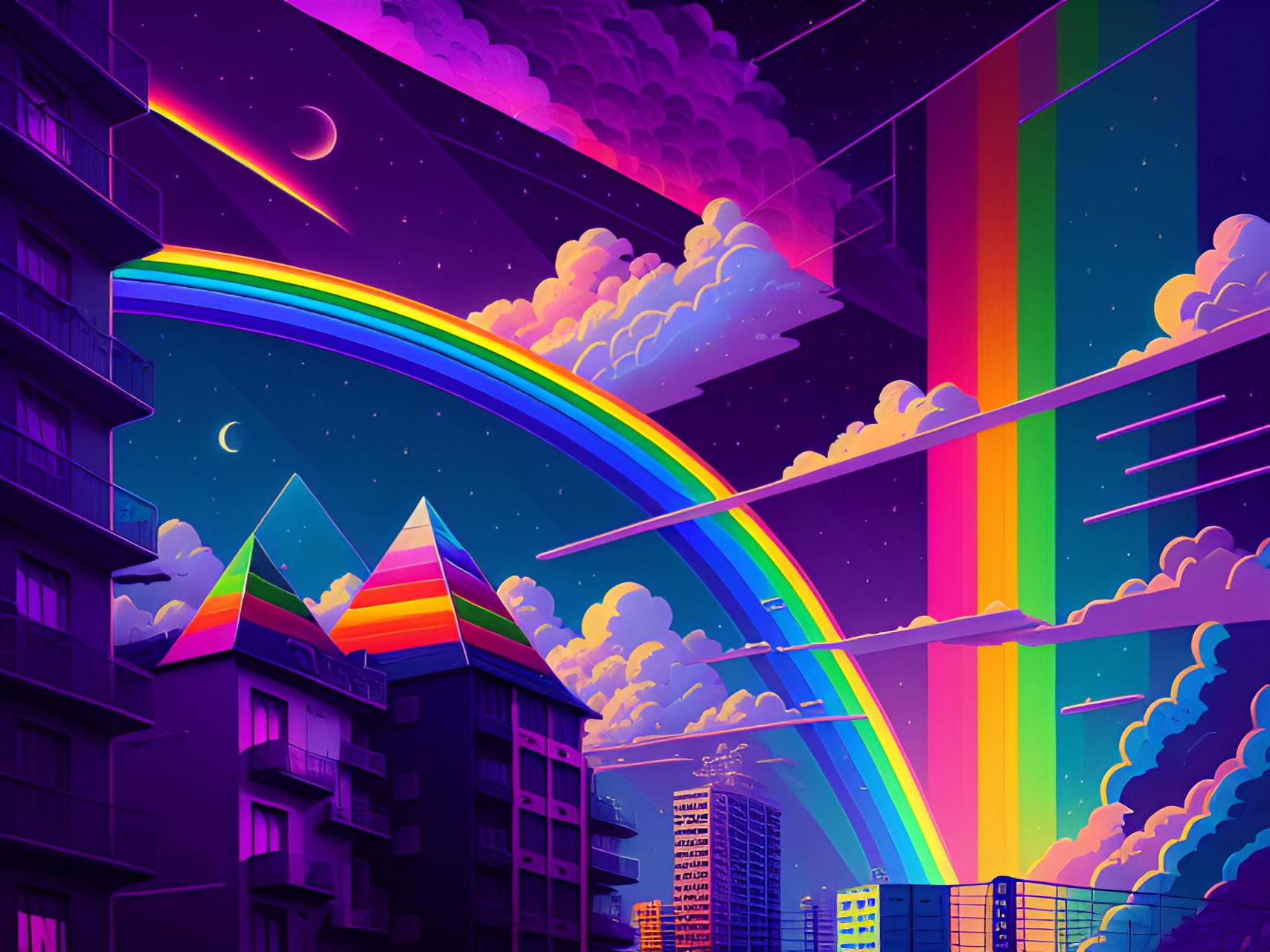 rainbow city - rainbow, triangles, sky, clouds, ladder, city preview