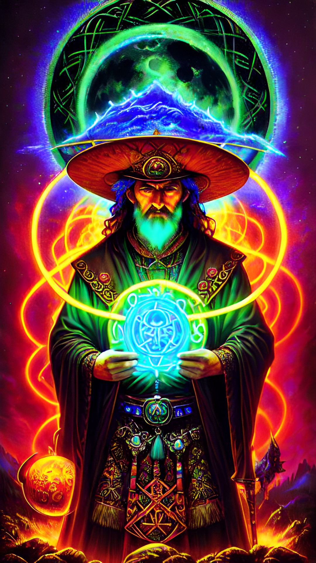 The Dagda - the dagda, king, cauldron, celtic god, the good god, ireland, druid, moon, sorcerer lisa frank style, neon preview