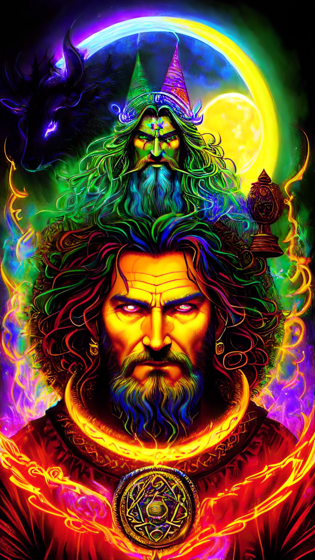 Sorcerer - the dagda, king, cauldron, celtic god, the good god, ireland, druid, moon, sorcerer lisa frank style, neon preview