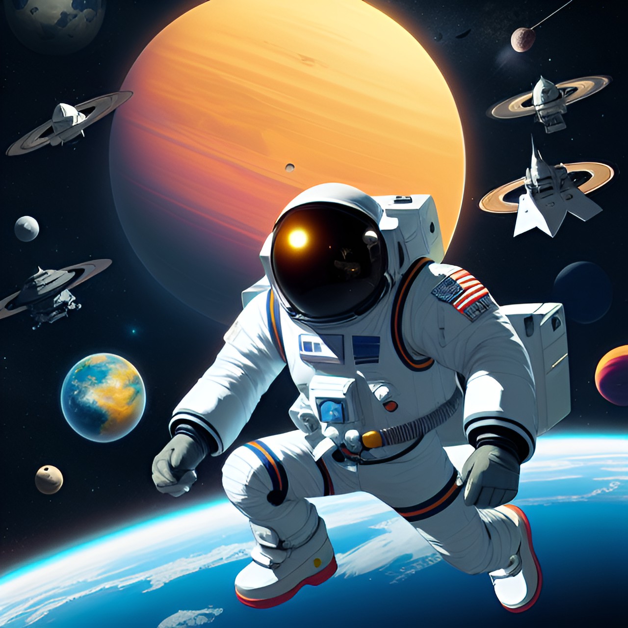 astronaut 3 - futuristic nasa astronaut in space with the solar system and planets in the background floating around a futuristic nasa spaceship that he is trying to get back to preview