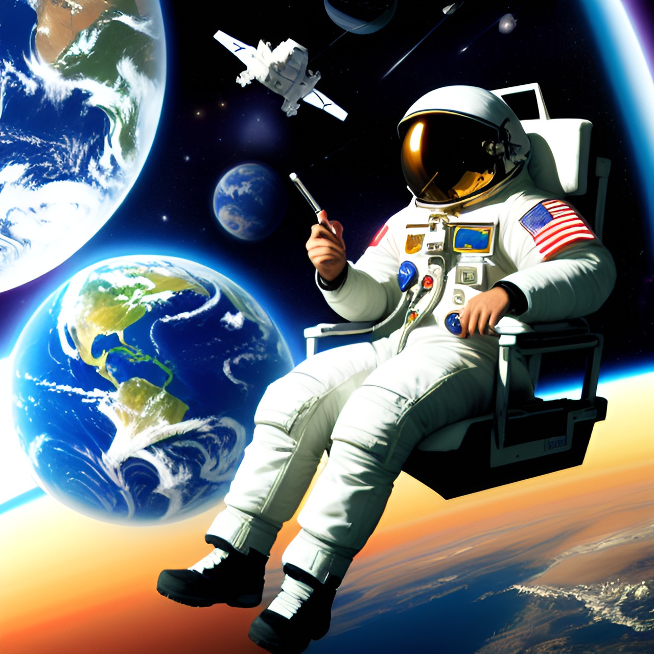 astronaut joint chil - nasa astronaut in the future in space floating smoking a joint and laying in space with the space ship in the back ground and visible earth in the distance preview