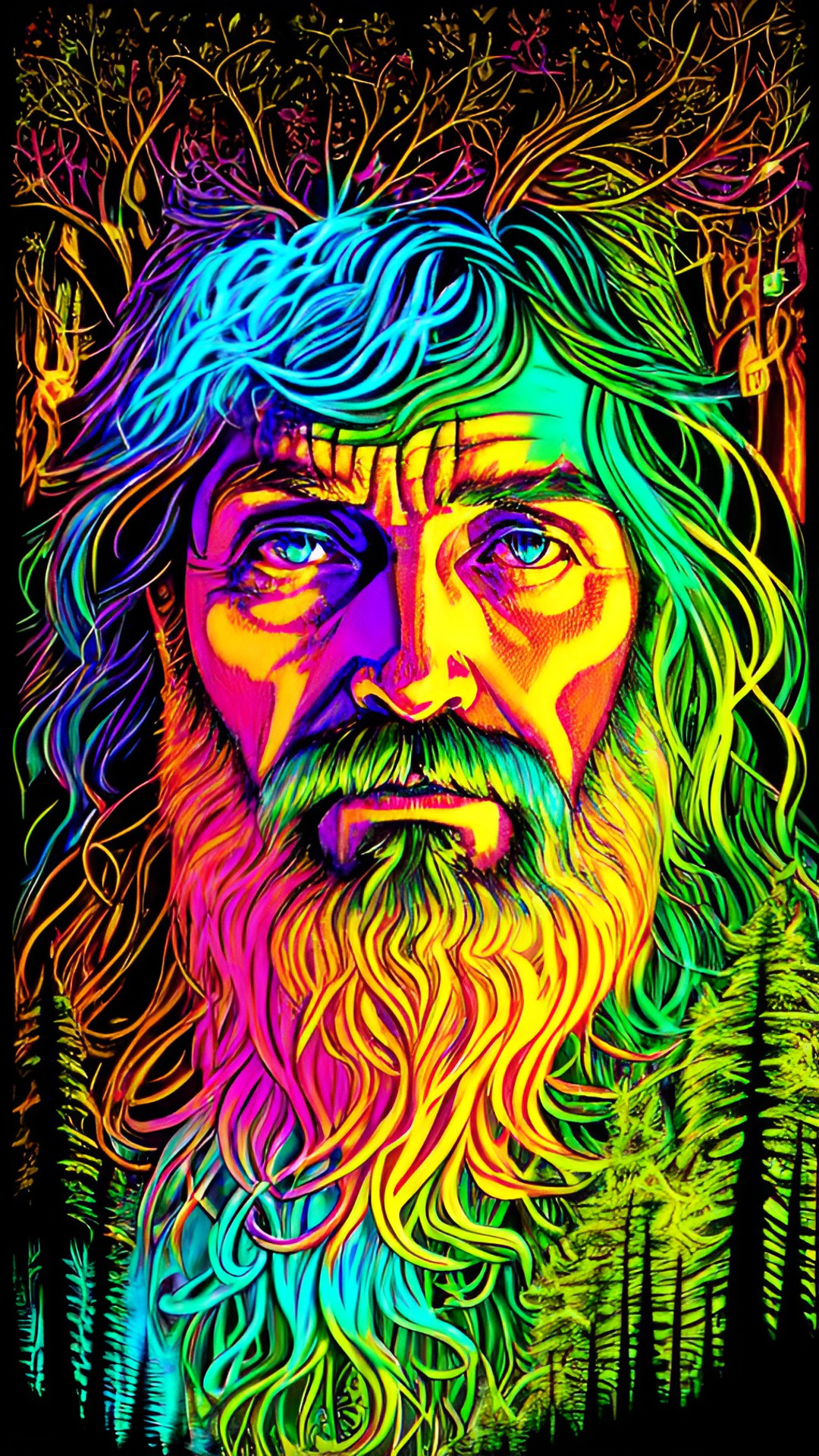 Old Man River - forest dwelling wizard, lisa frank style, neon, colorful preview