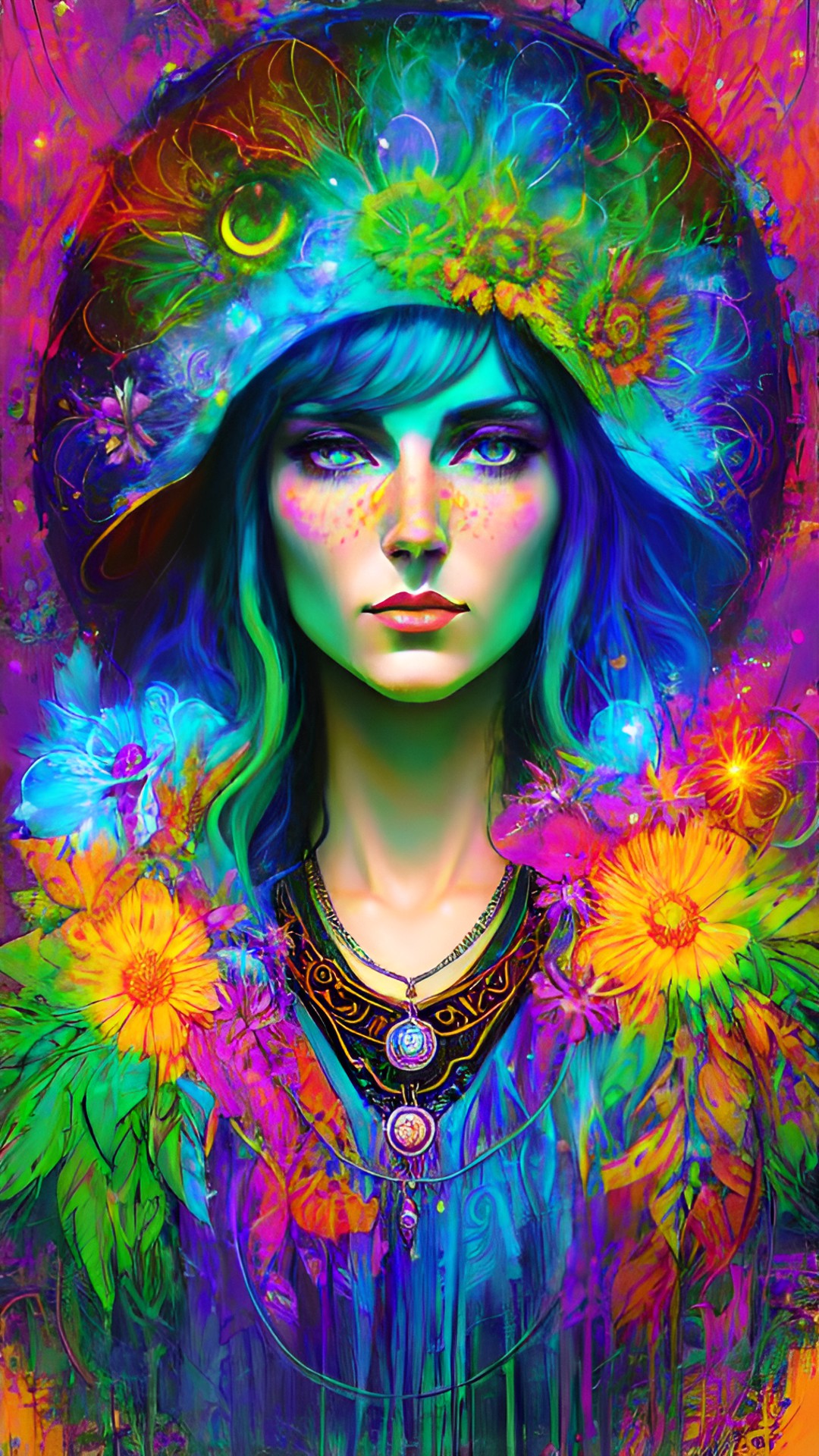 Ancient Wisdom - druid, woman, wisdom, ancient, wildflower, lisa frank, neon, colors preview