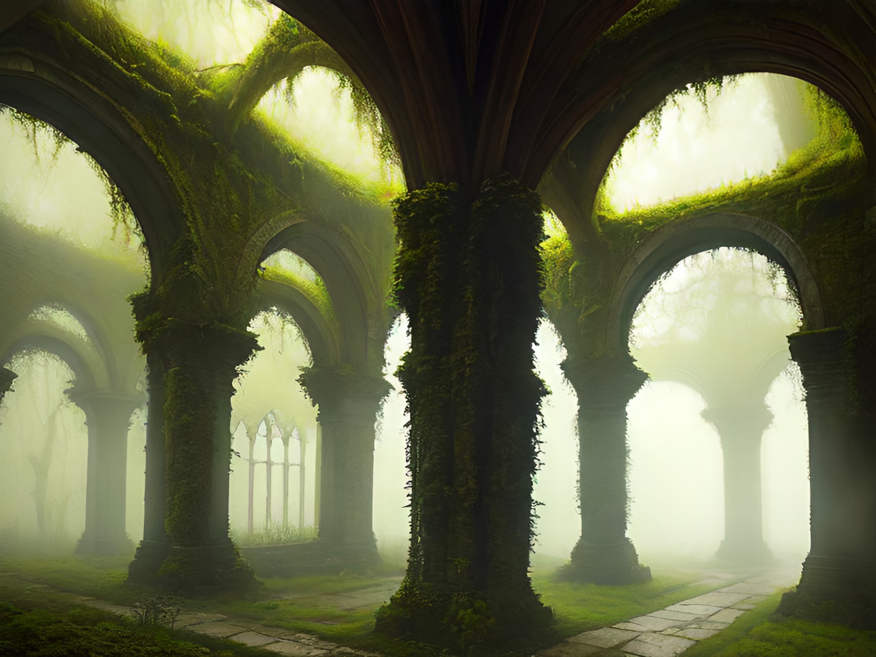 mossy ruins of a french abbey, gloomy lighting, mist and fog. moss and vines hang from the arches. preview