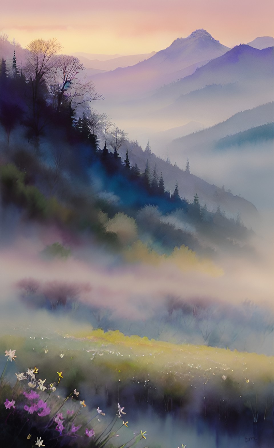 a breathtaking view of a valley filled with delicate and ethereal ghost flowers, their petals glowing in the mist that blankets the night. the soft light of the milky way illuminates the scene, creating a surreal and magical atmosphere., elegant, dynamic composition, scarce back ground, astronomy, use very pale subdued colors preview