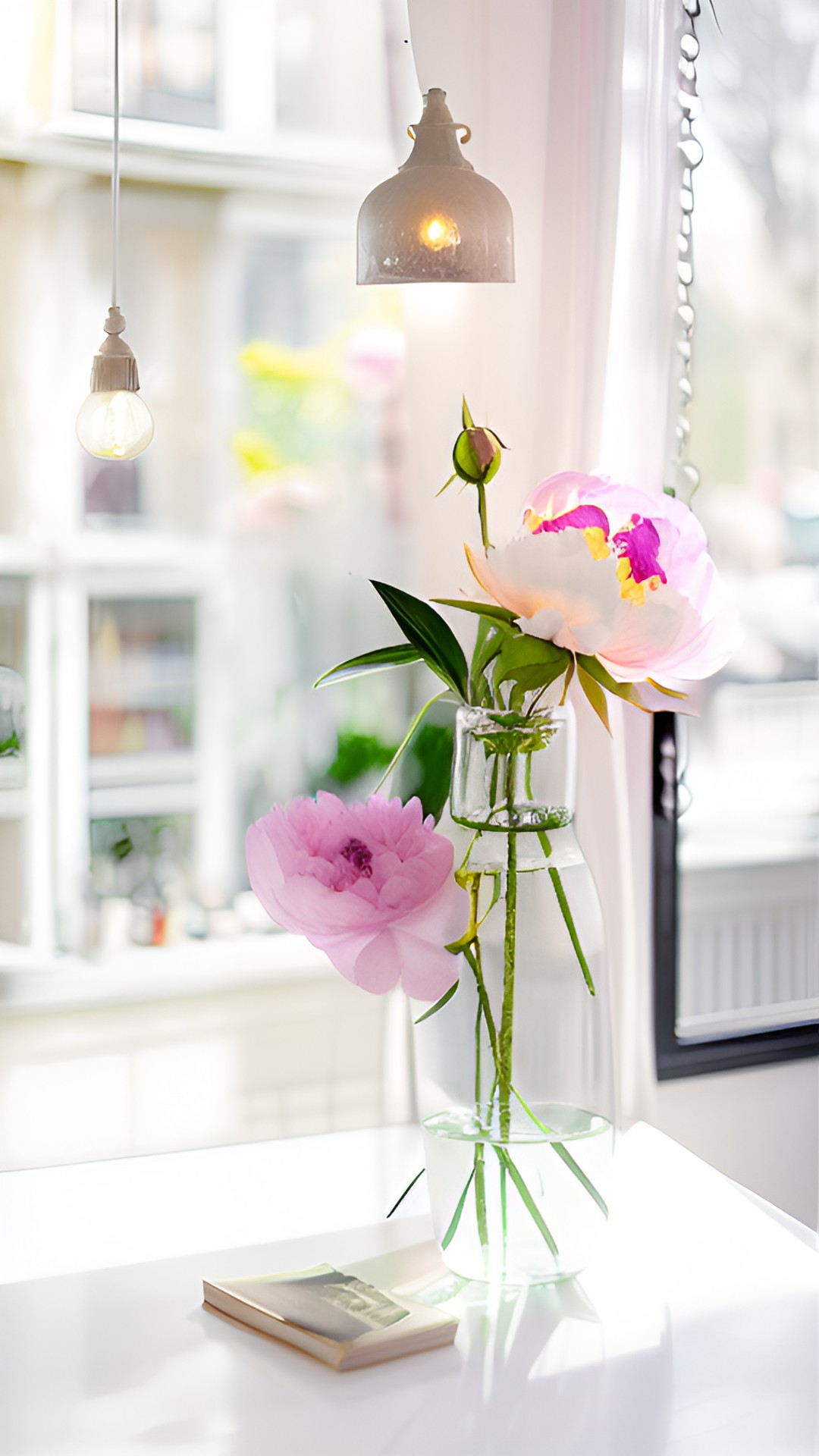 light pink peonies, dripping over the side of the hanging vase, light green coin leaves, misty, ethereal preview