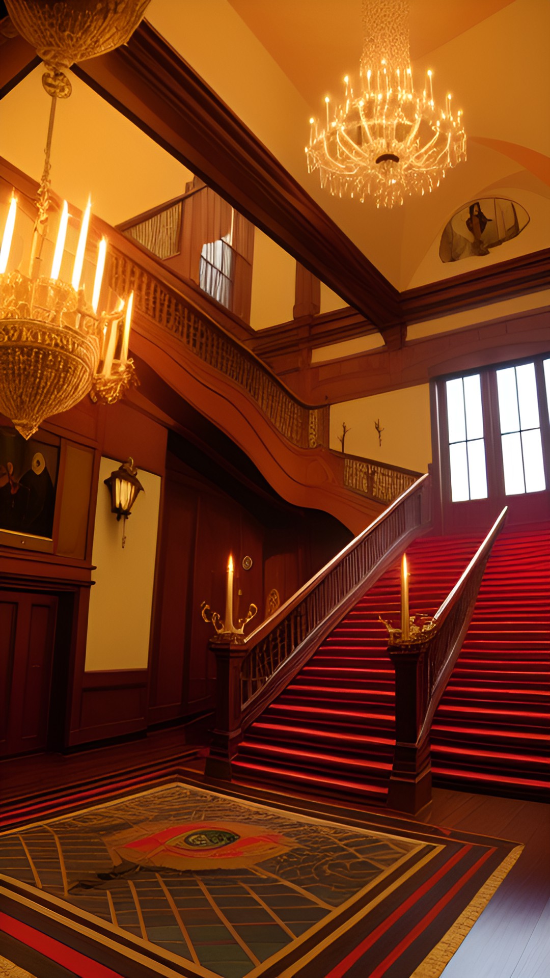 dramatic entrance with staircase, rich brown wood, chandelier preview