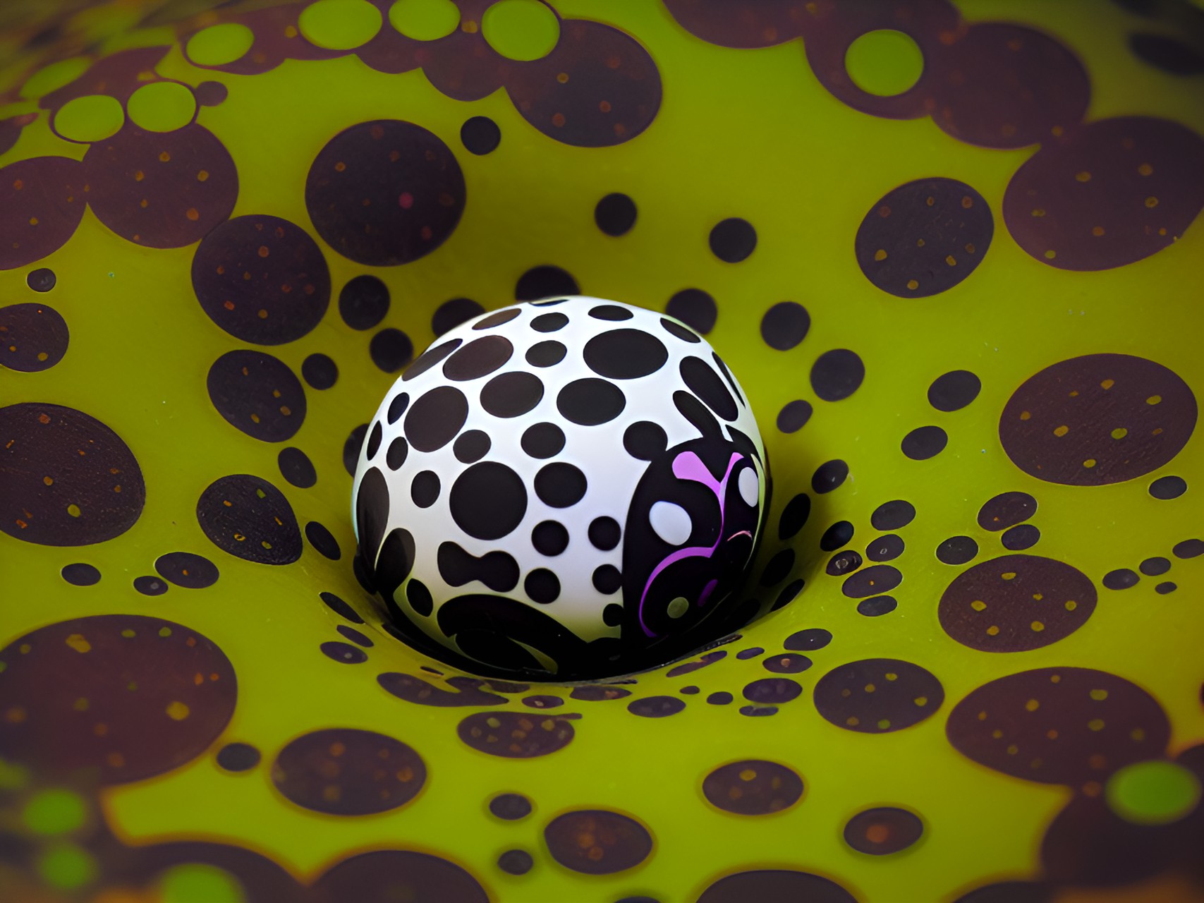 surreal round spotted print creature in unusual habitat preview