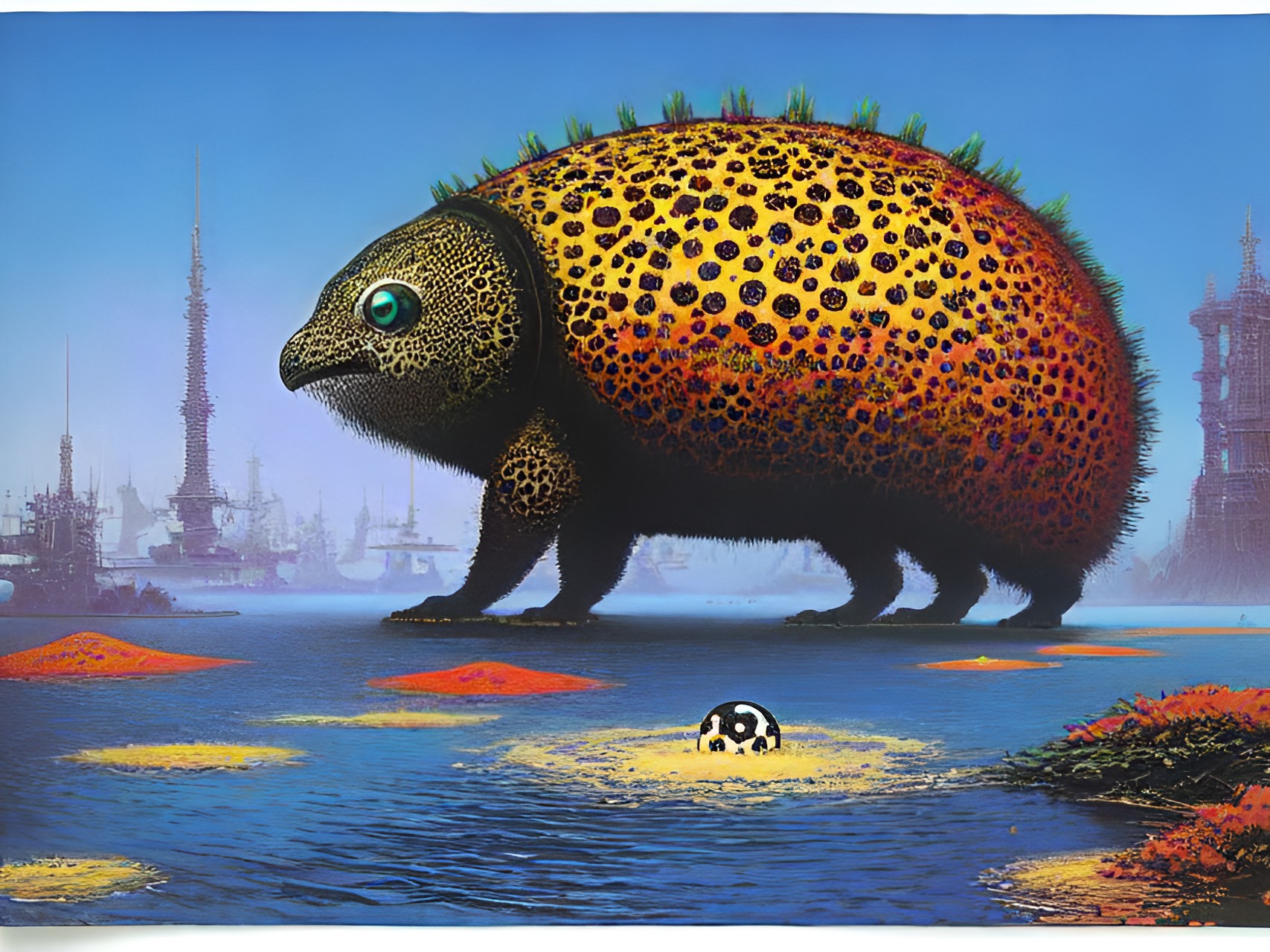 surreal round spotted print creature in unusual habitat preview