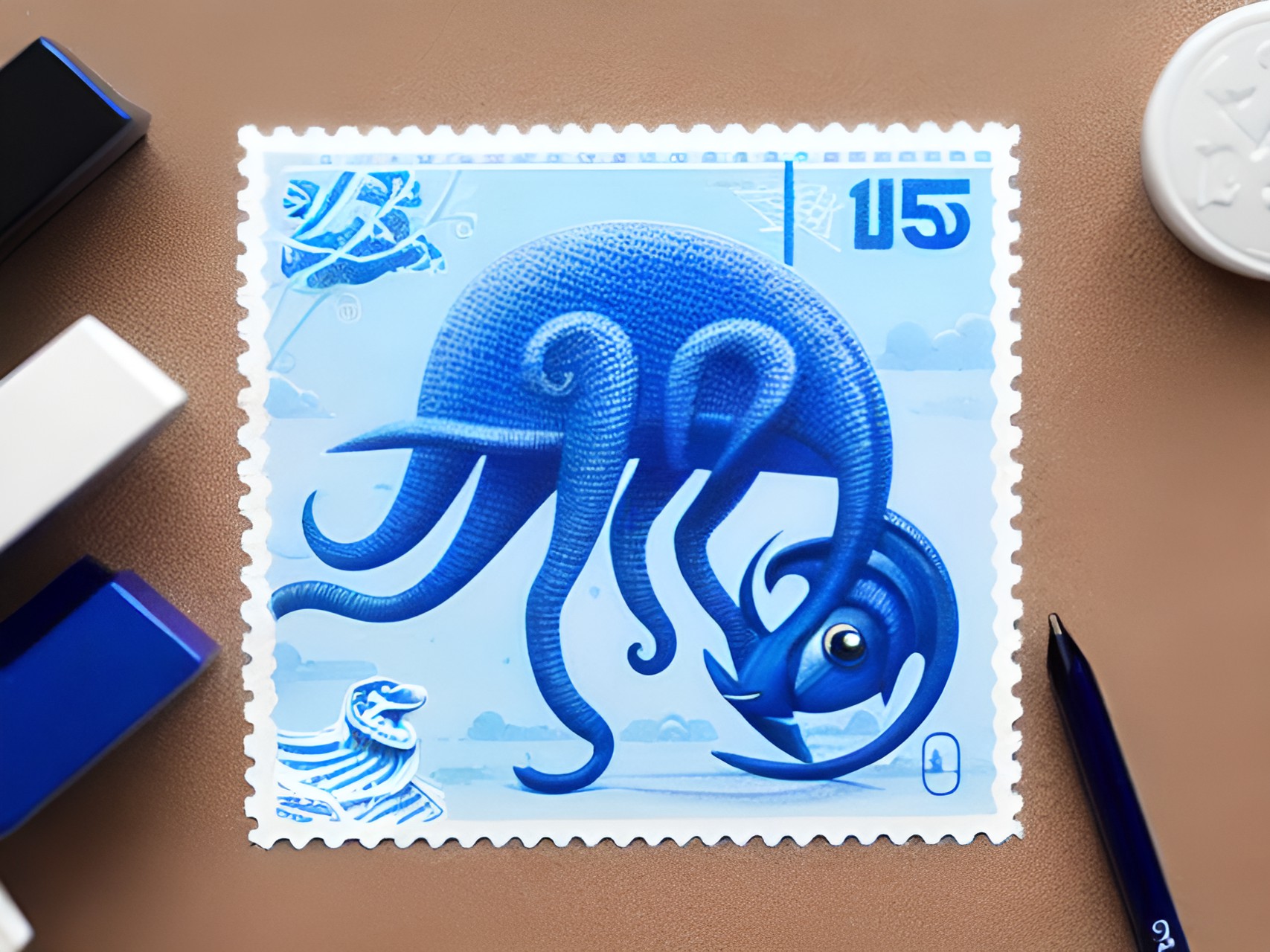 tall, bent over, simple blue creature licking stamps preview