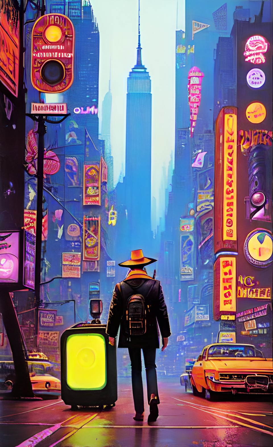 Futuristic NYC - a man wandering futuristic nyc with a giant retro neon boombox on his shoulder in a dystopian future nyc preview