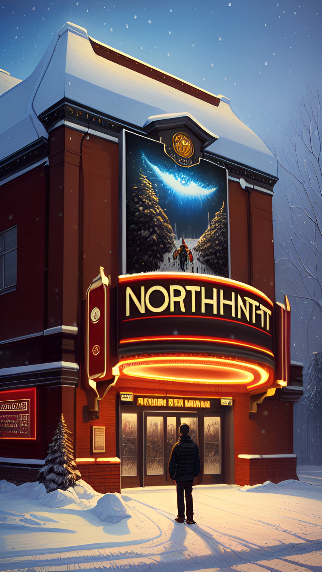 northern entertainment group, movie theater in the winter time, outside preview