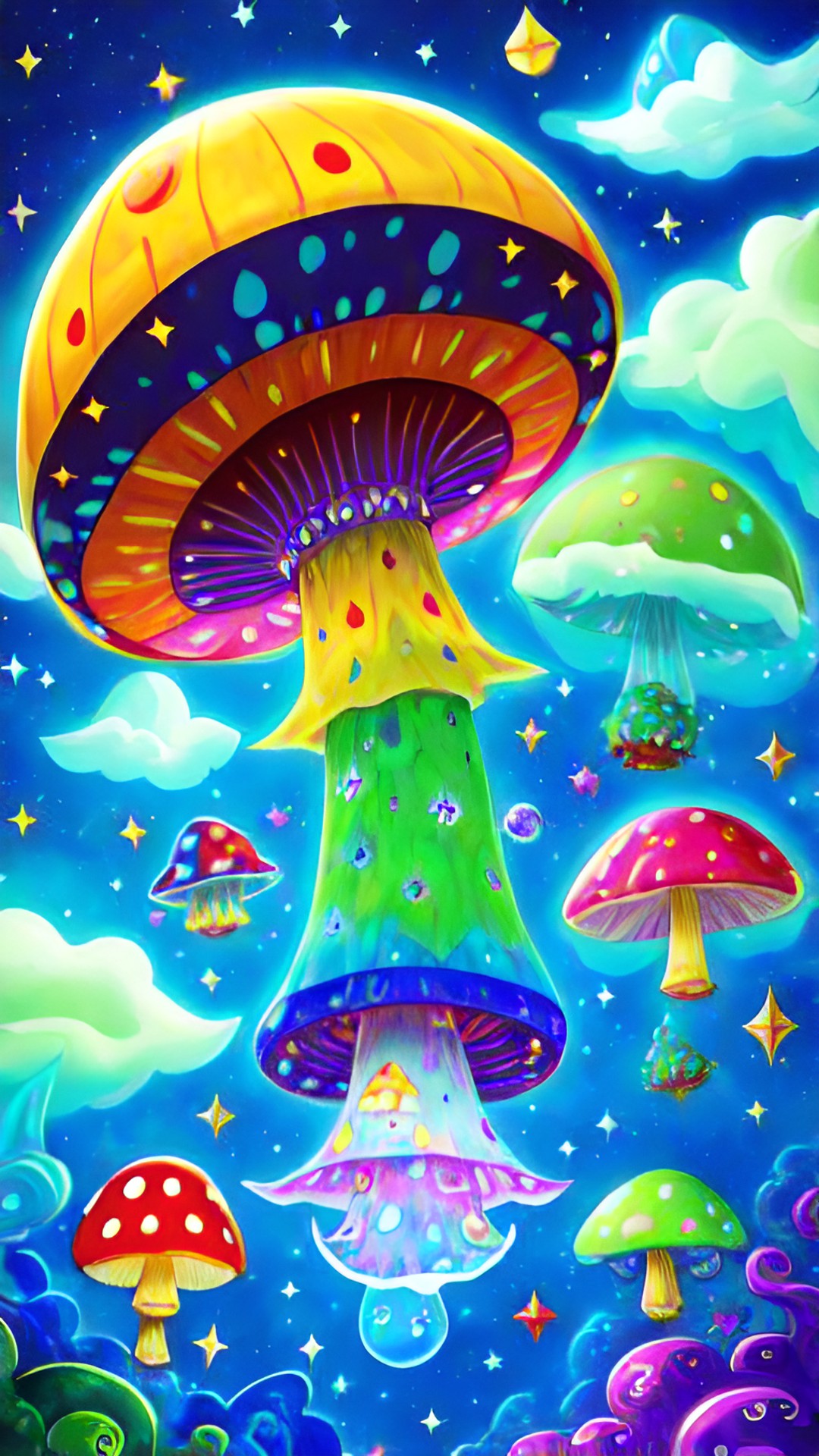 trippy drippy acid shroom glowing mushroom wizard gnome dragon pet combo. wizard lizard perfect sky cloud cast flying pirate ship. space exploration. in a whale! preview