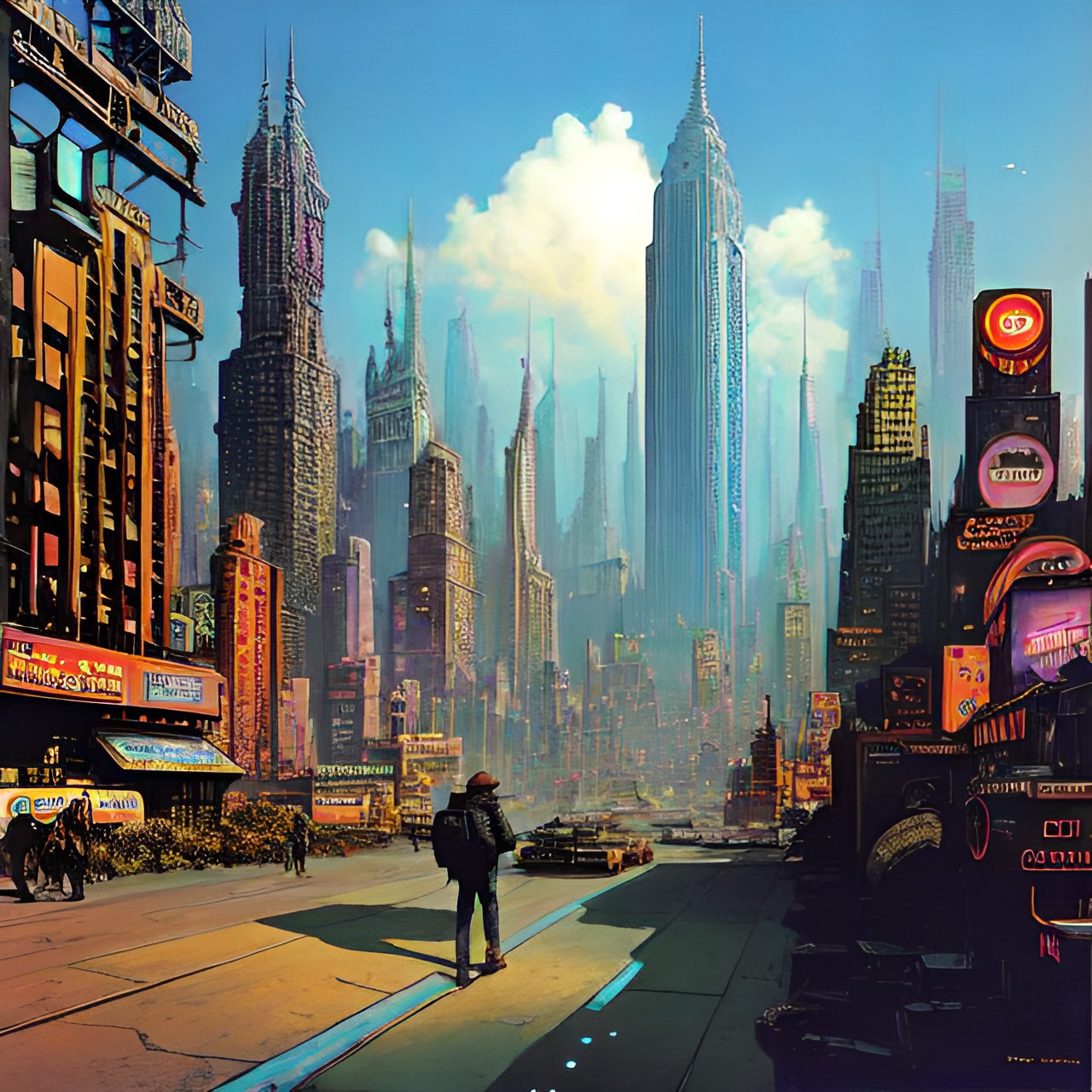 a landscape futuristic dystopian nyc background with a guy wandering through the city with a giant retro boombox stereo on his shoulders preview