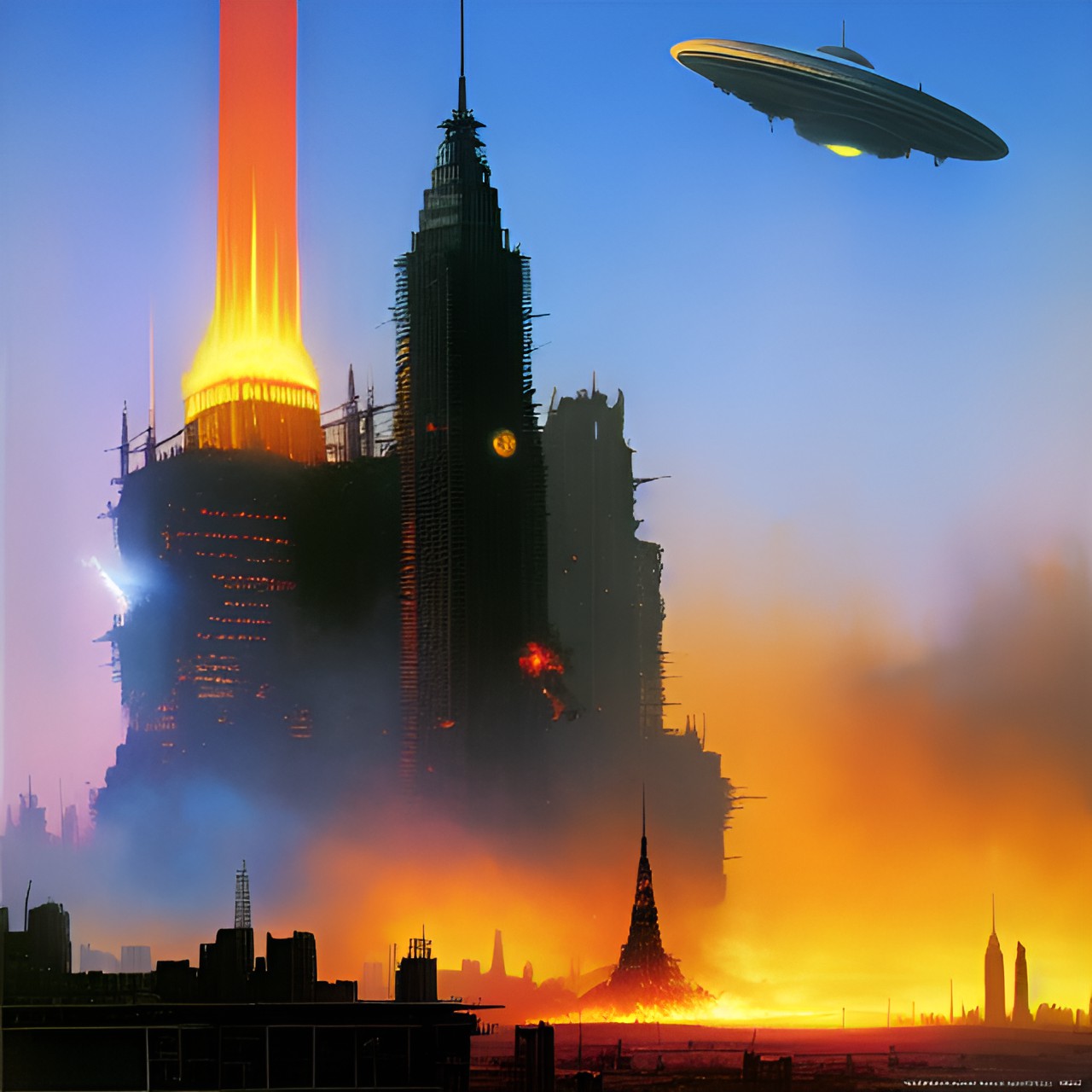 Allen Takeover - a t shirt mock op image of a dystopian future nyc replica in ruin and deserted with flames on buildings and space ships and interplanetary speices fighting with lasers in the air over the city preview