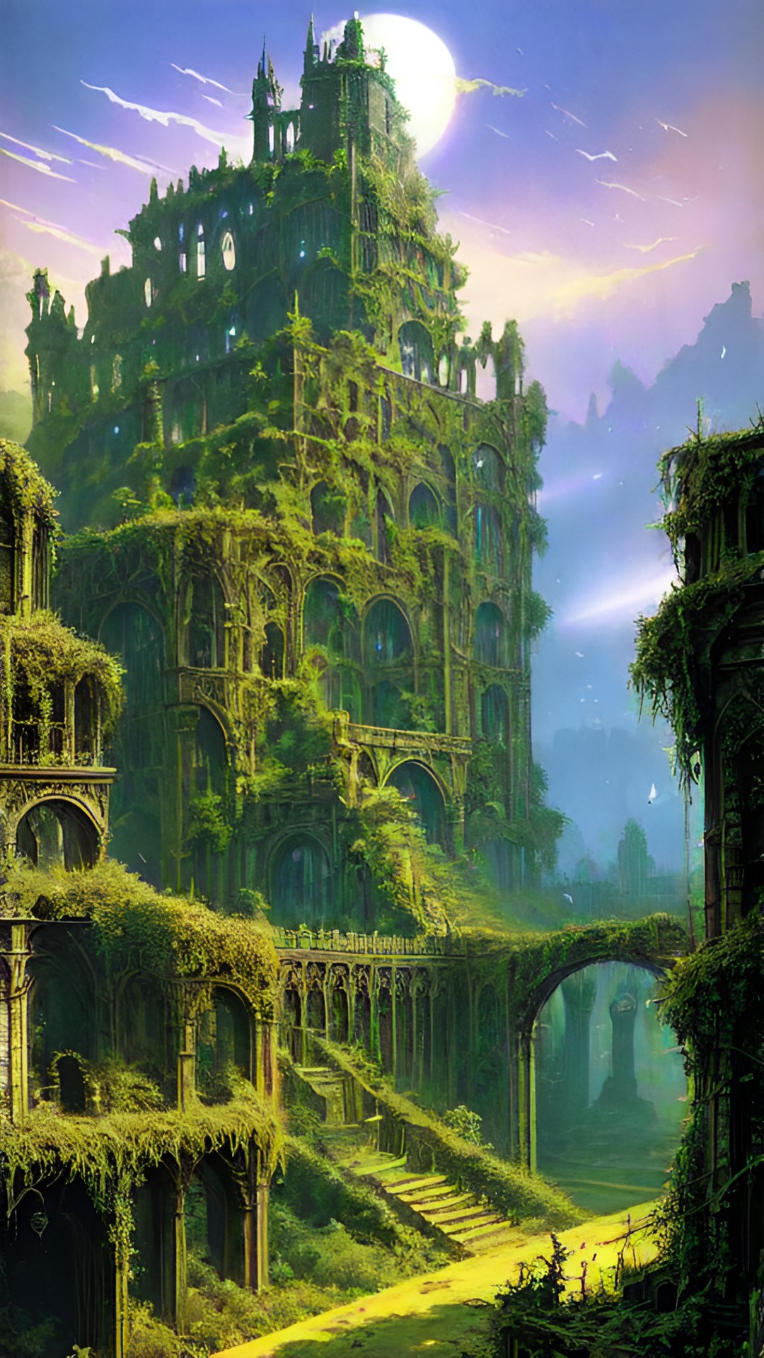 old ruins covered in plants and vines, style of game of thrones, intricate, woven ivy, hyper detailed, epic wide angle, epic lighting, luminescent sunlight, eerie, cinematic, sci-fi, architecture, preview