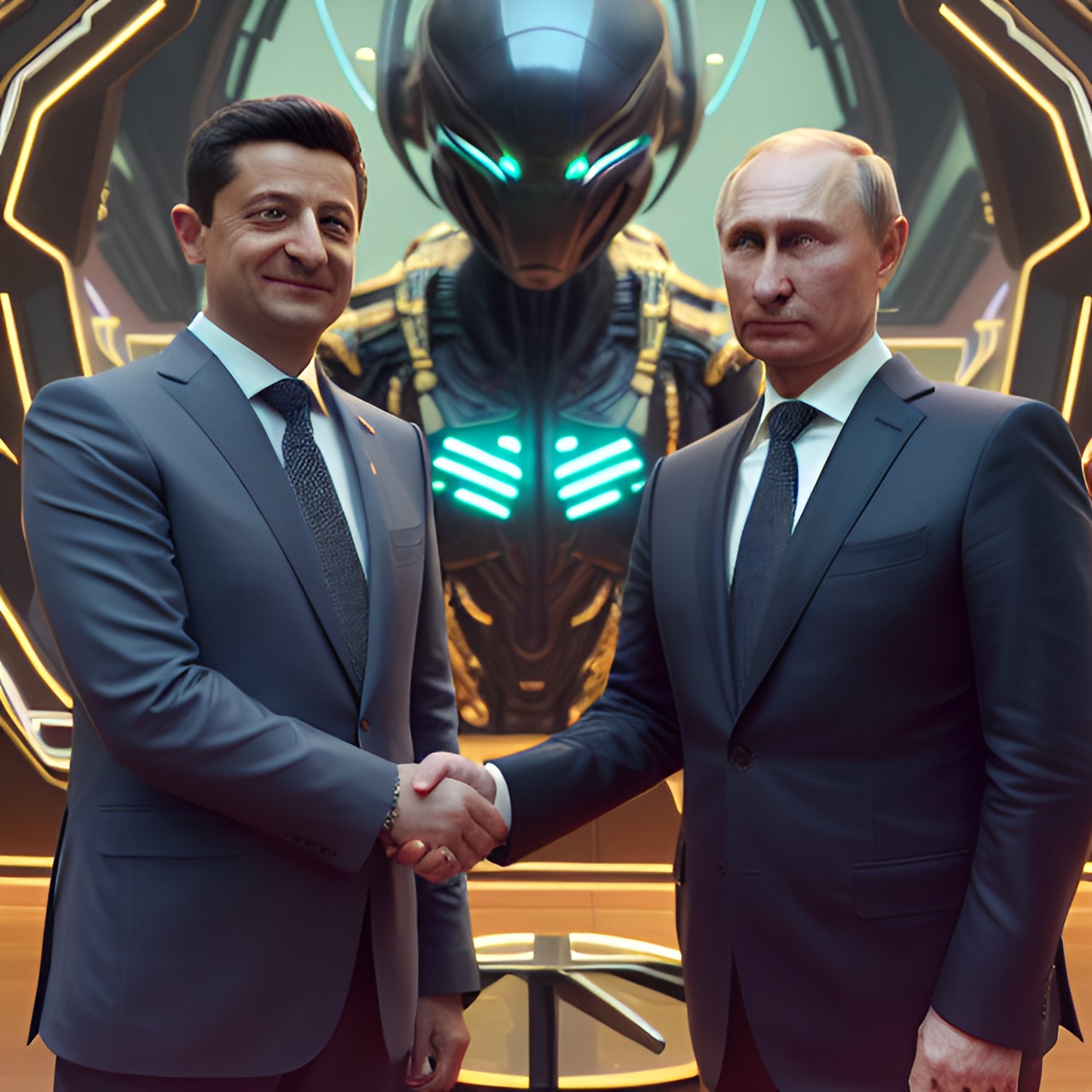 thanks aliens - in front of an alien, vladimir putin and zelensky shake hands for peace preview