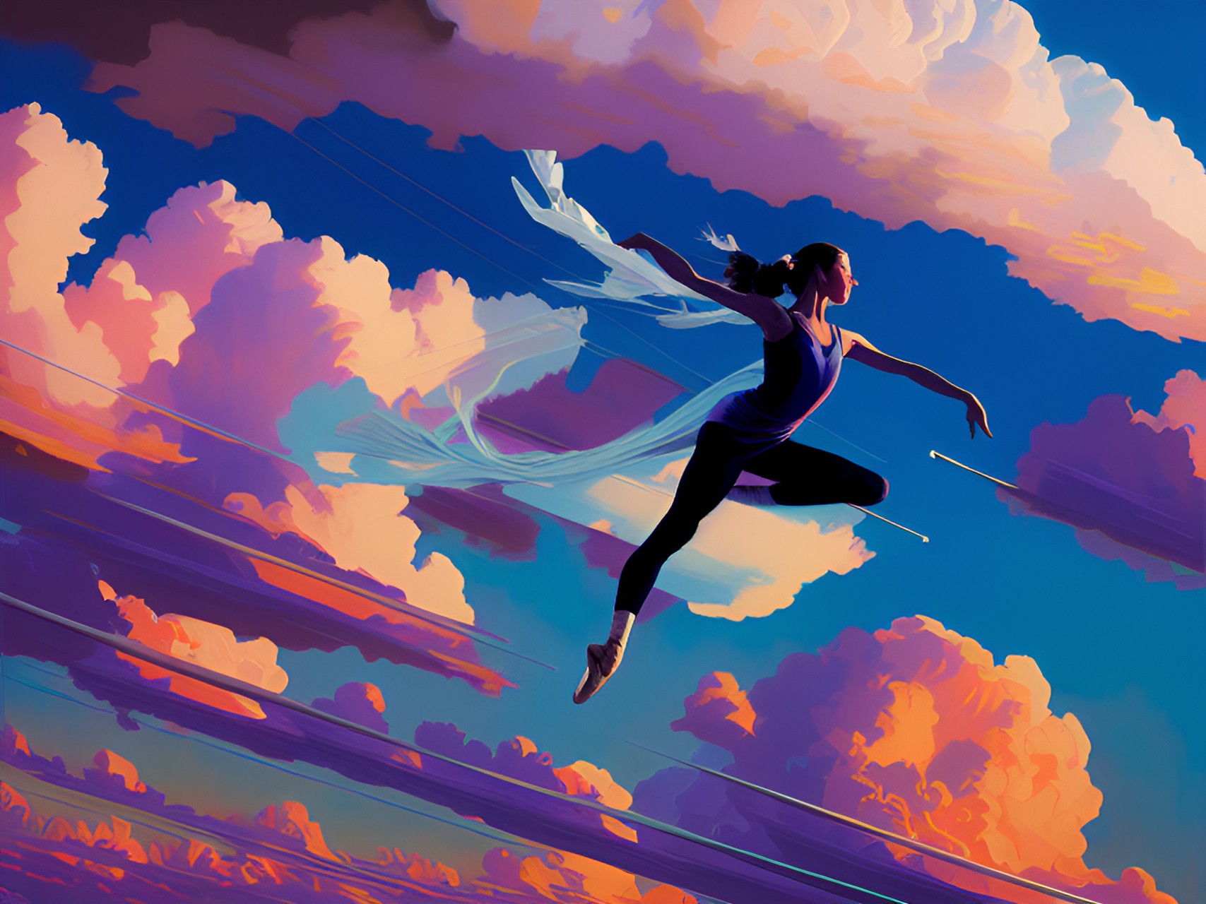 freefall - ballet dancer, flying, clouds,  fabric, sky, billowing, pink sunrise, ribbons preview