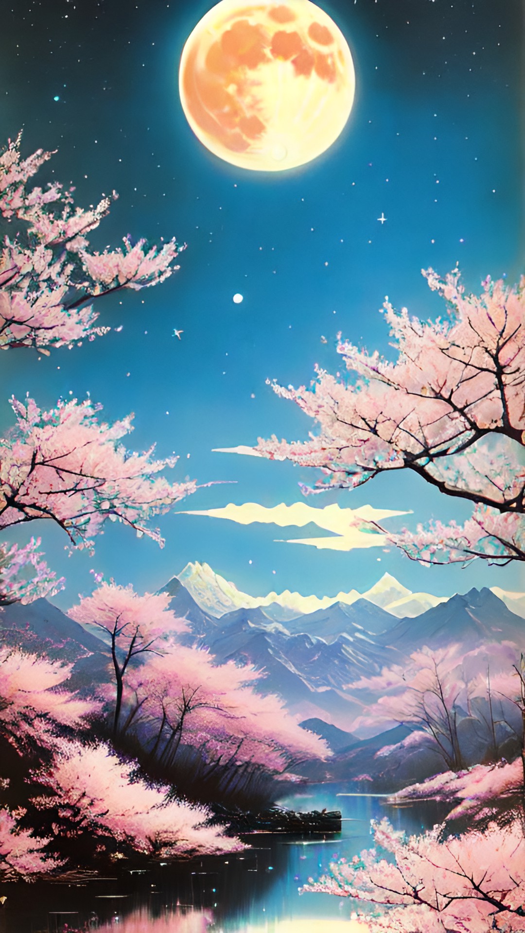 full moon with dancing cherry blossoms, lake, starry sky,retro style preview