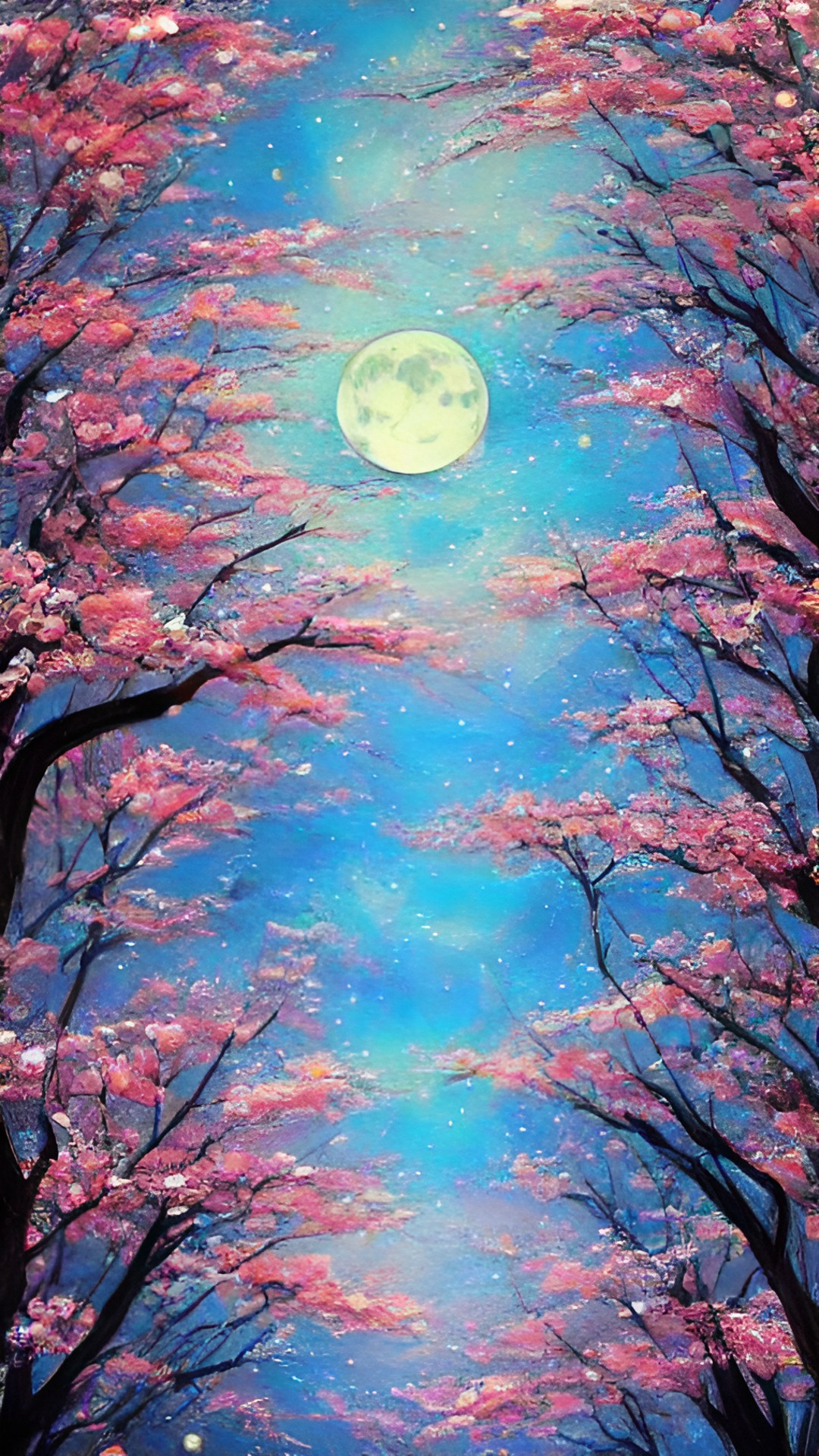 full moon with dancing cherry blossoms, lake, starry sky,retro style preview