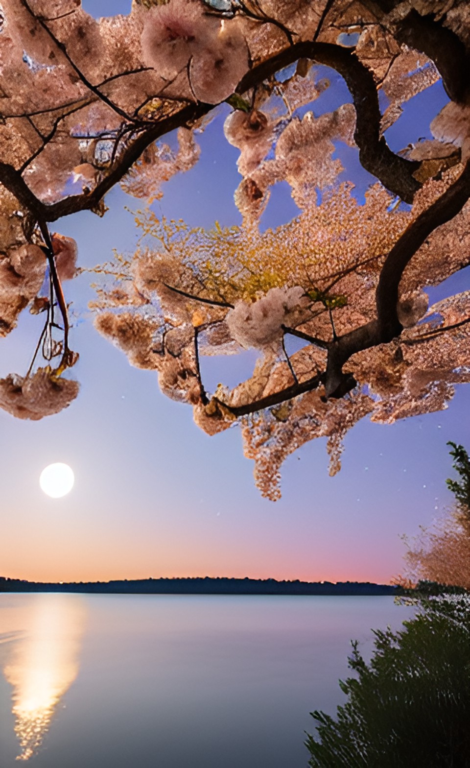 full moon with dancing cherry blossoms, lake, starry sky,retro style preview