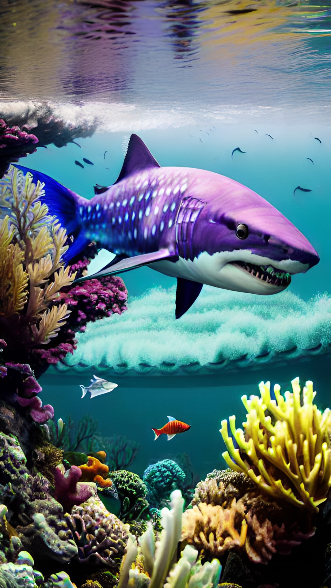 purple fish escaping from a white shark, bottom under the sea with colored algae preview