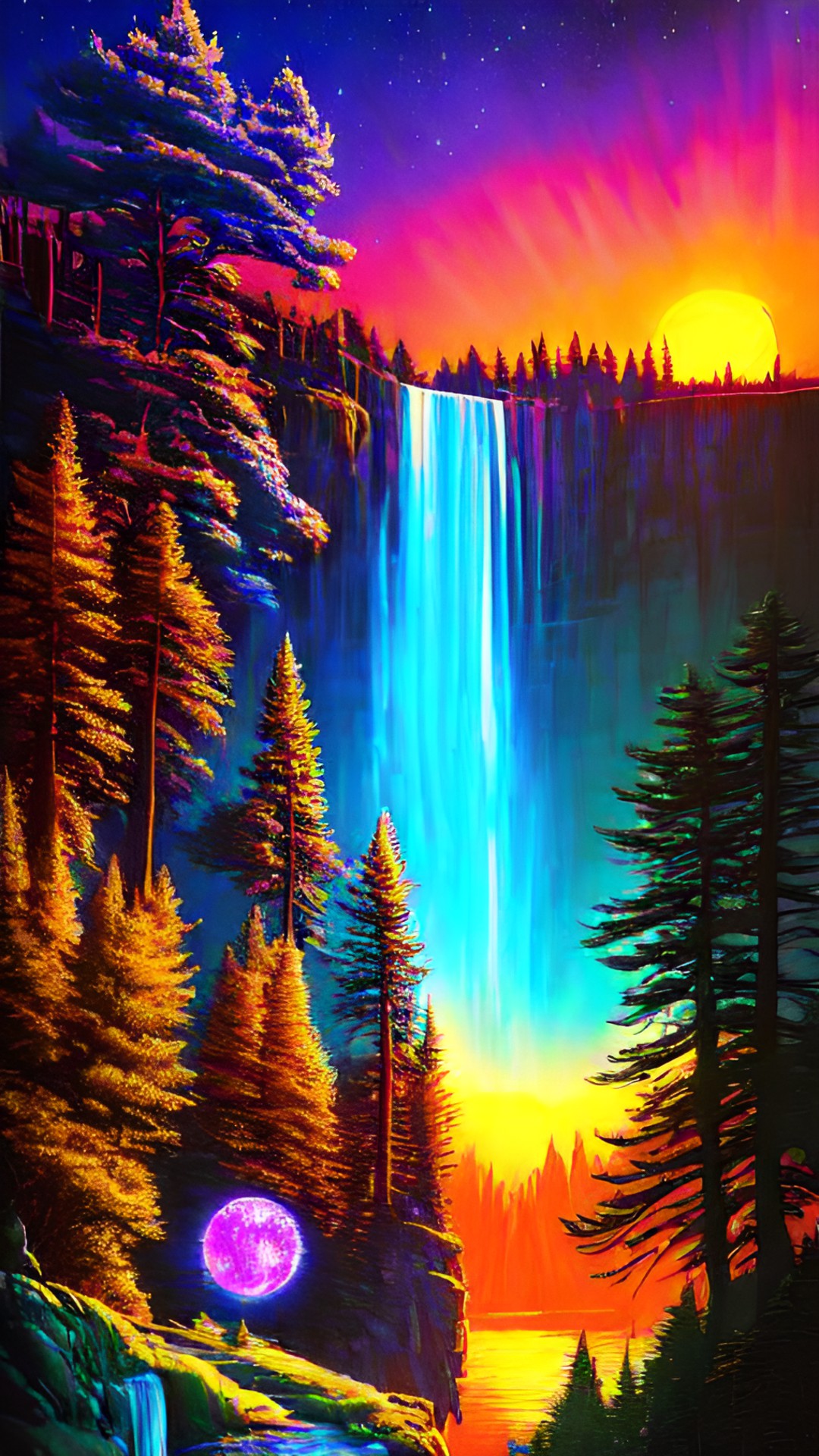 Sunset - buffalo, waterfall, cliffs, solstice moon, pine tree, sunset, truth, lisa frank style, neon preview