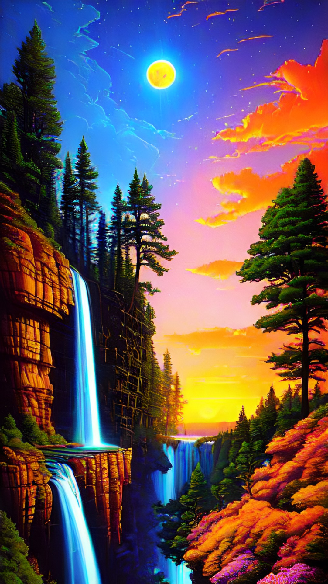 Waterfall Sunset - buffalo, waterfall, cliffs, solstice moon, pine tree, sunset, truth, lisa frank style, neon preview