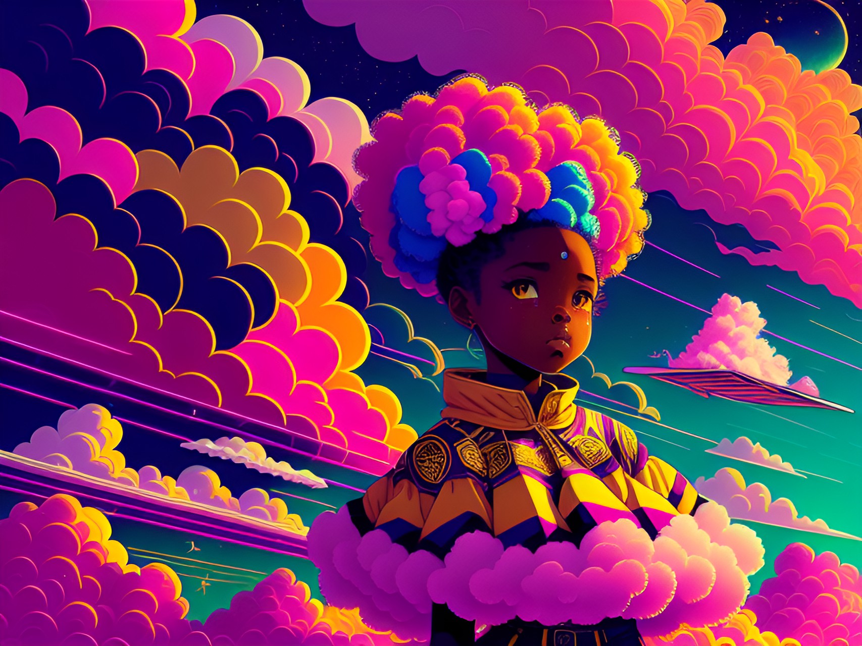 cotton candy - african american, afro, pink,  yellow, gold, ribbons, clouds, sky, birds, tutu, cotton candy preview