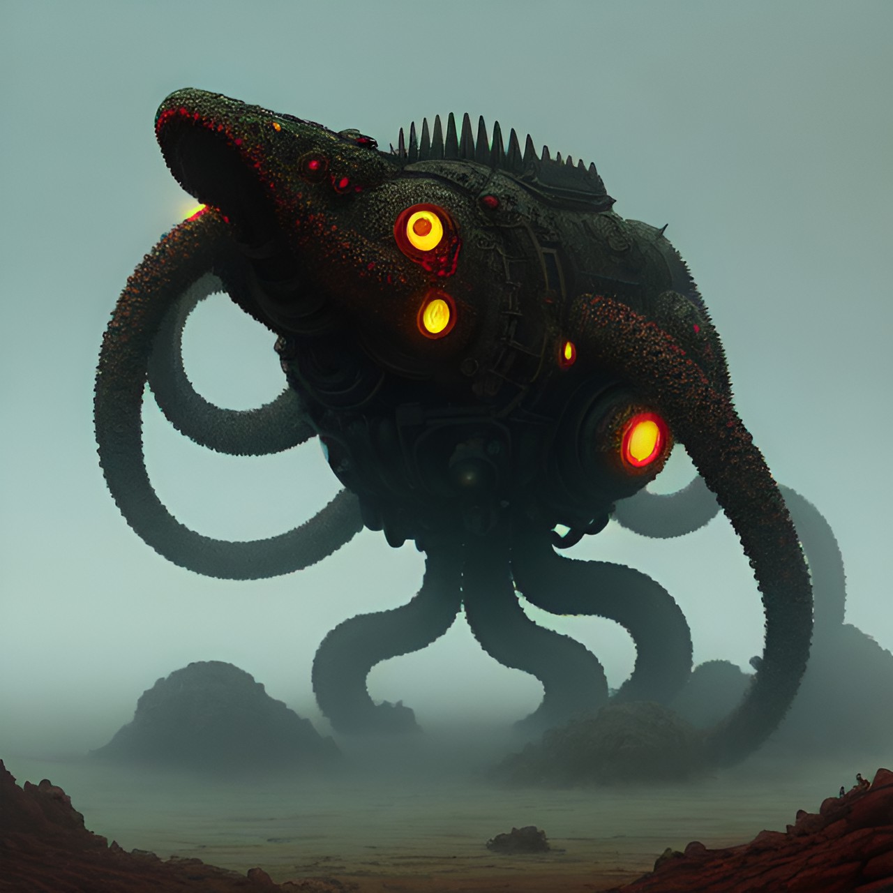 death unit 4 - autonomous mutoid quadrupedal creature, amorphous tentacular,in the style of zdzisław beksiński, depth of field,misty background preview